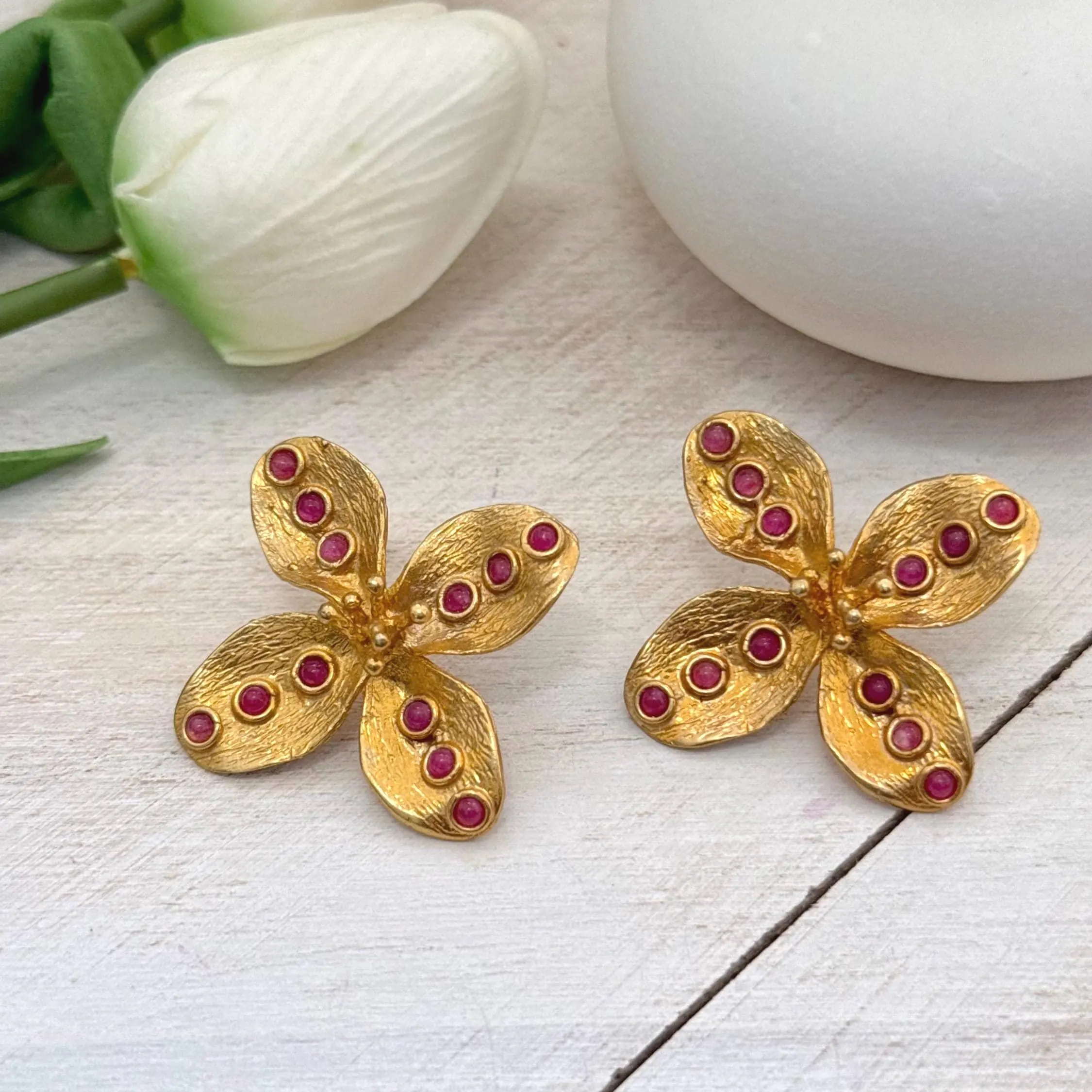 Garnet Four Petal Flower Earrings – 18k Gold Plated Brass