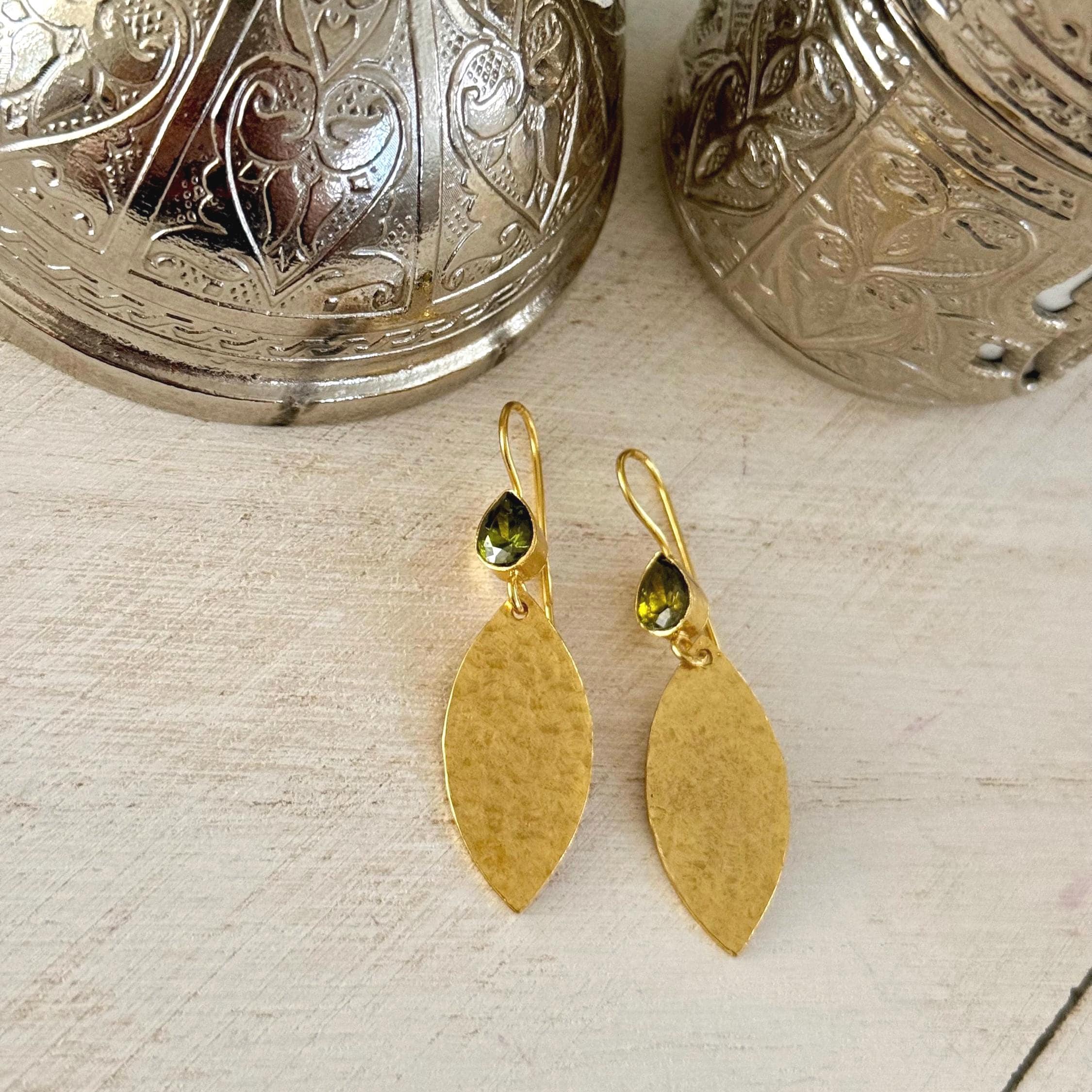 Hammered Leaf Earrings | Peridot Green Crystal