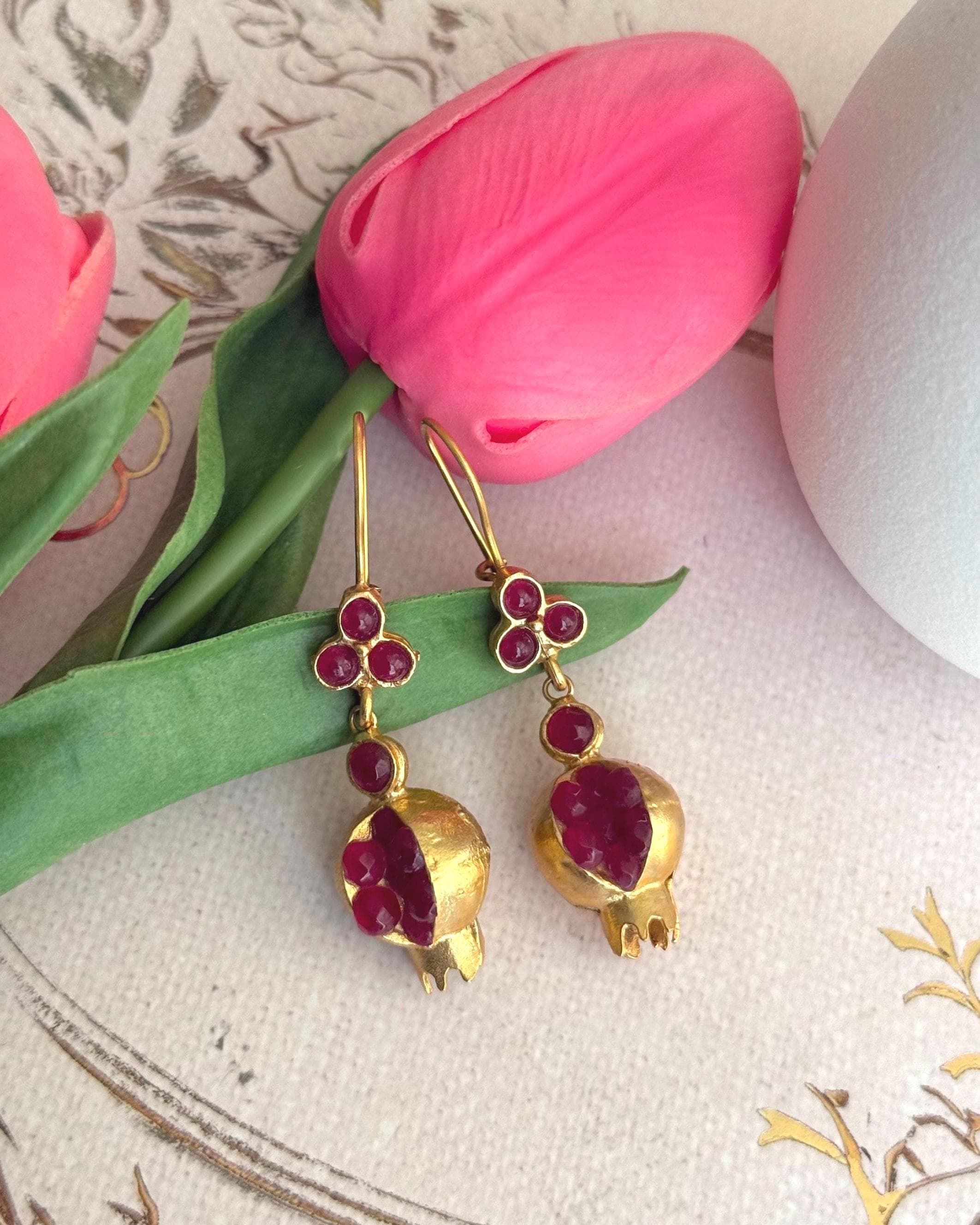 Handmade Red Garnet Pomegranate Earrings