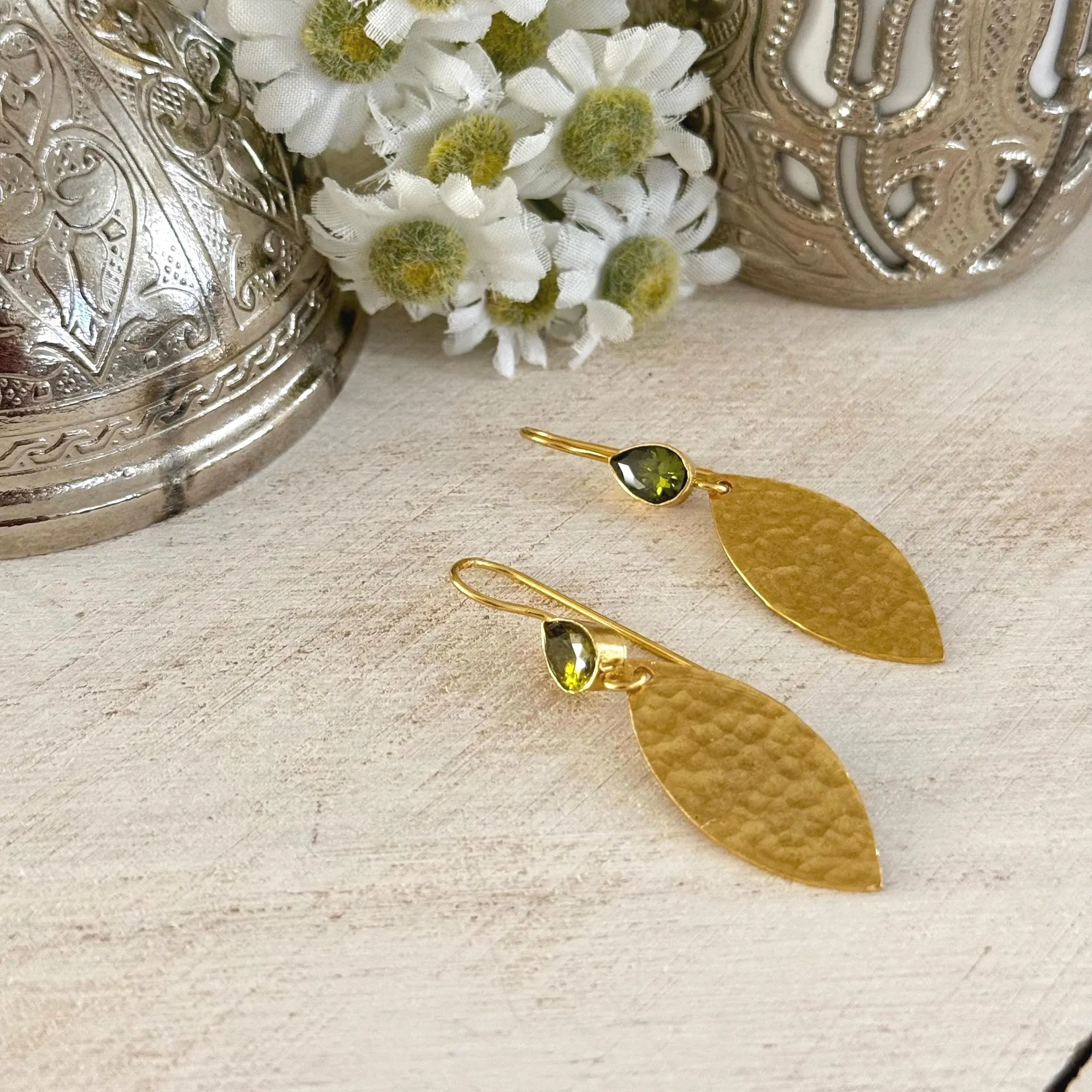 Hammered Leaf Earrings | Peridot Green Crystal - image 3