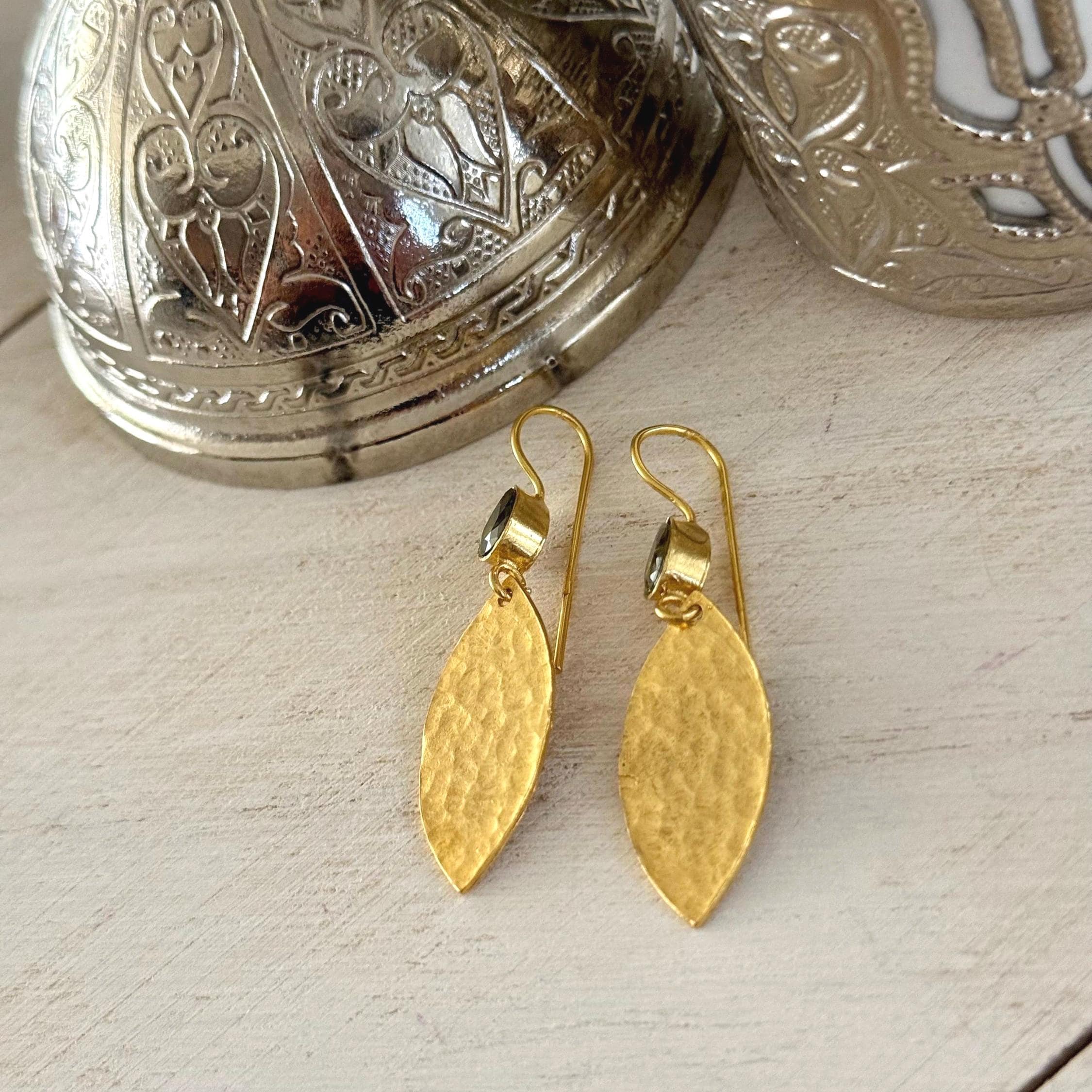 Hammered Leaf Earrings | Peridot Green Crystal - image 4