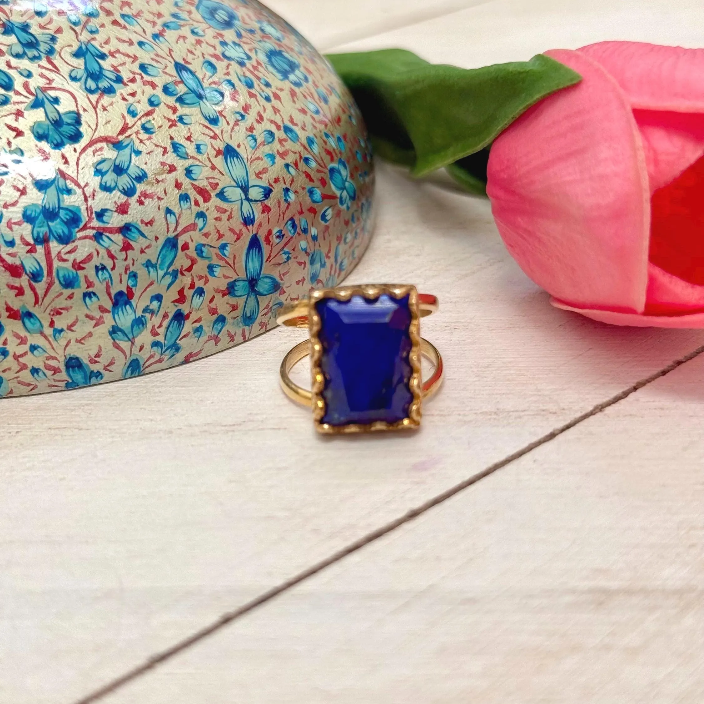 Vintage Style Lapis Lazuli Cocktail Ring | Genuine Gemstone | 22k Gold Vermeil | Size 8