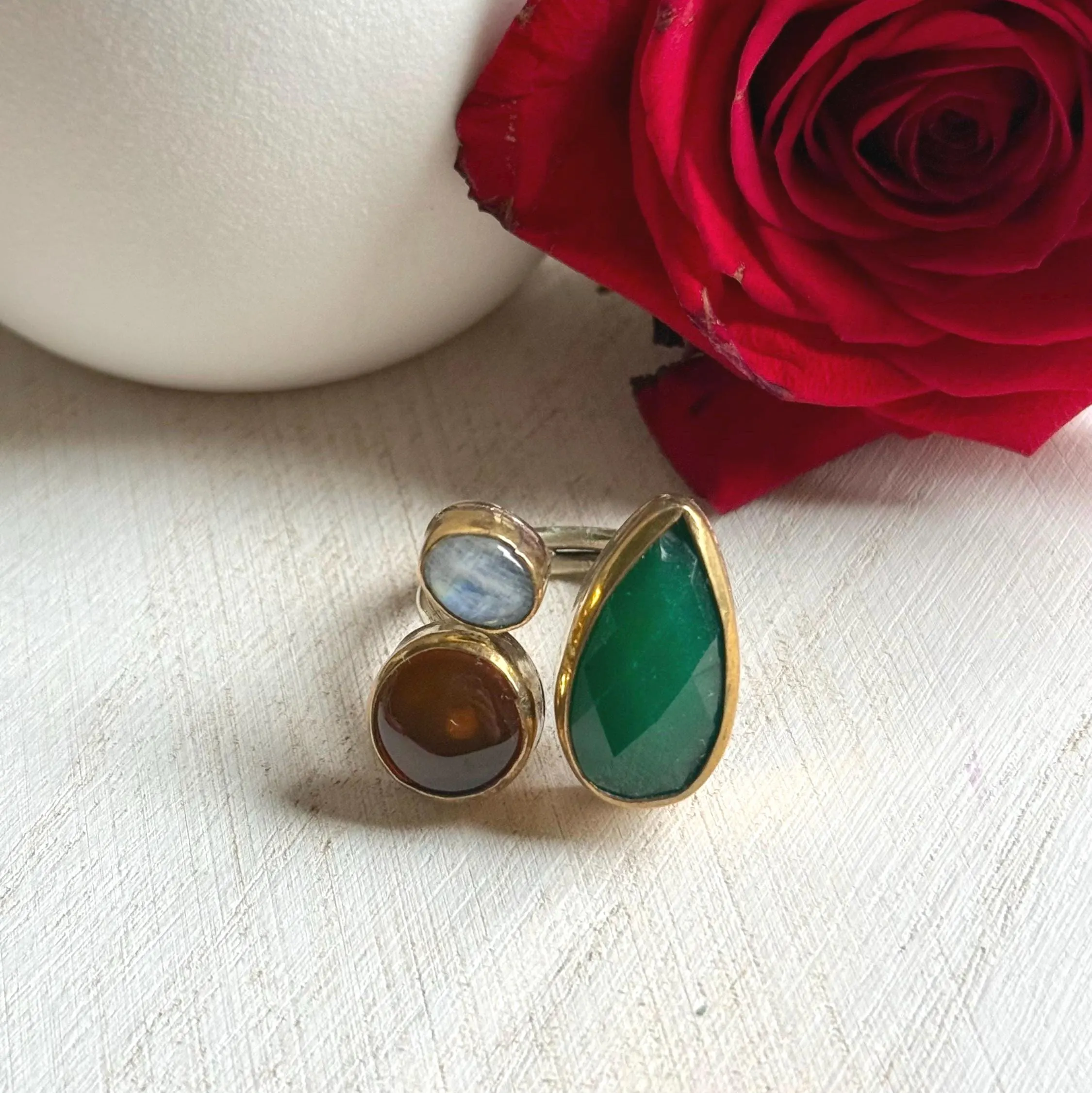 Handmade Tristone Ring - Agate - Moonstone - Gold Plated Sterling Silver Ring