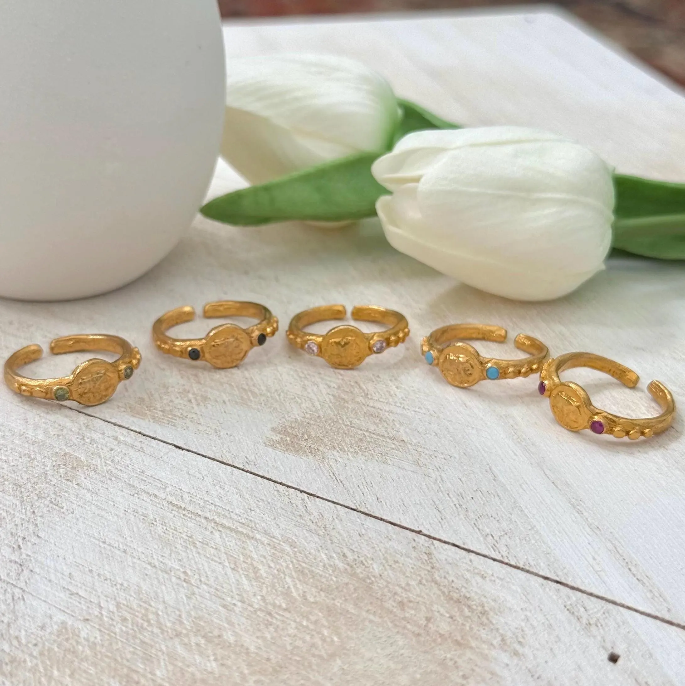 Ancient Coin Ring | 22K Gold Plated Brass Ring with Zircon Accents | Byzantine Roman Style