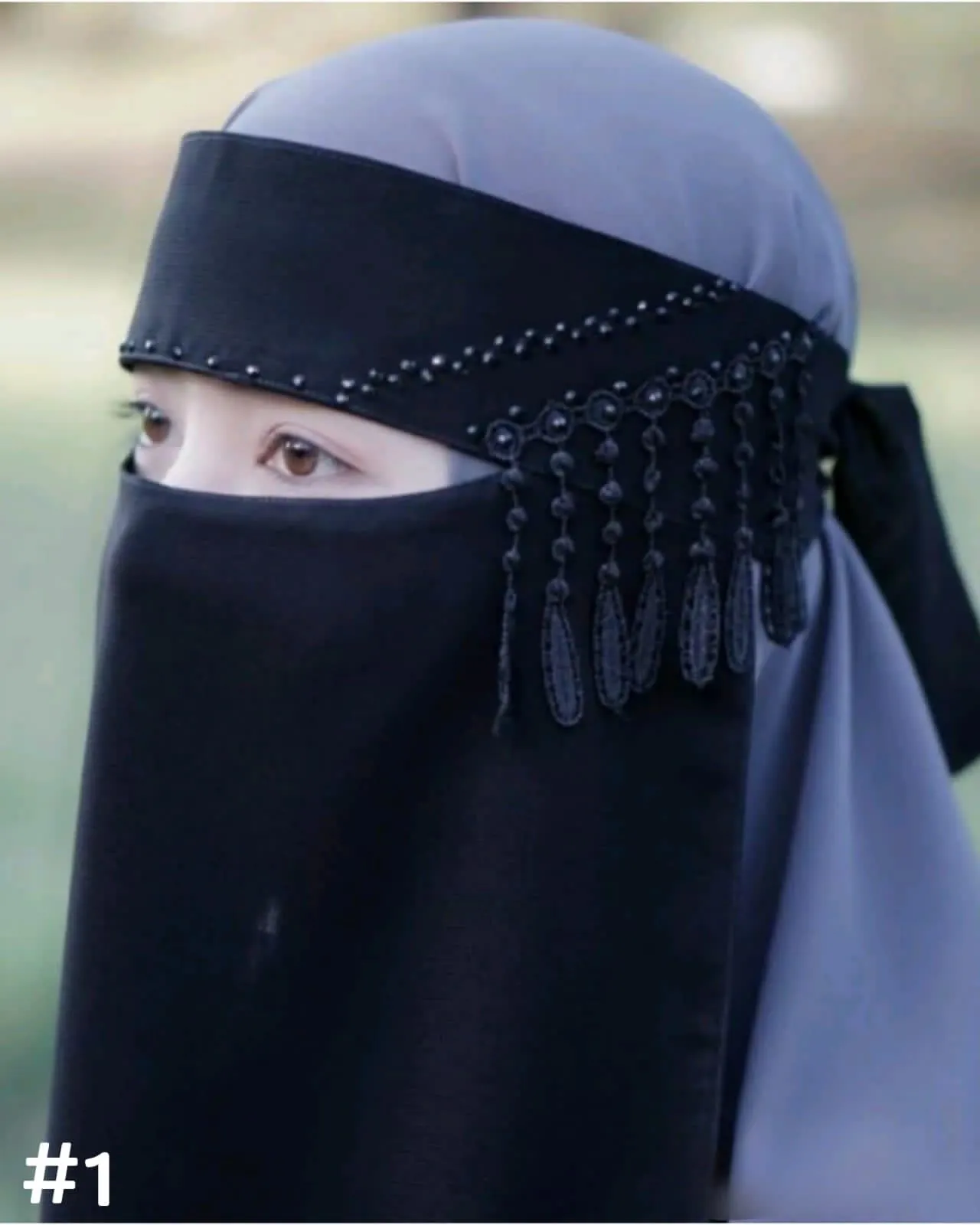 Wolfis Jet Black Niqab with Lace and Beading: Buy One Get One Free