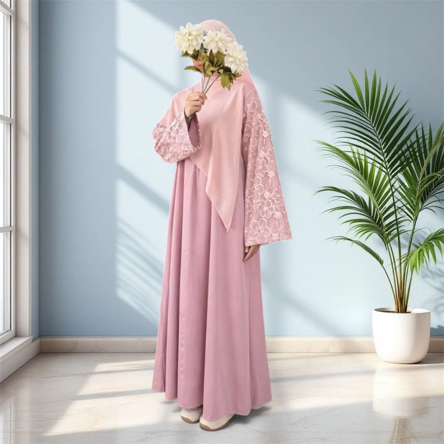 Modest Muslim Abaya Dress with Floral Lace Sleeves - Long Maxi Dress, Islamic Clothing