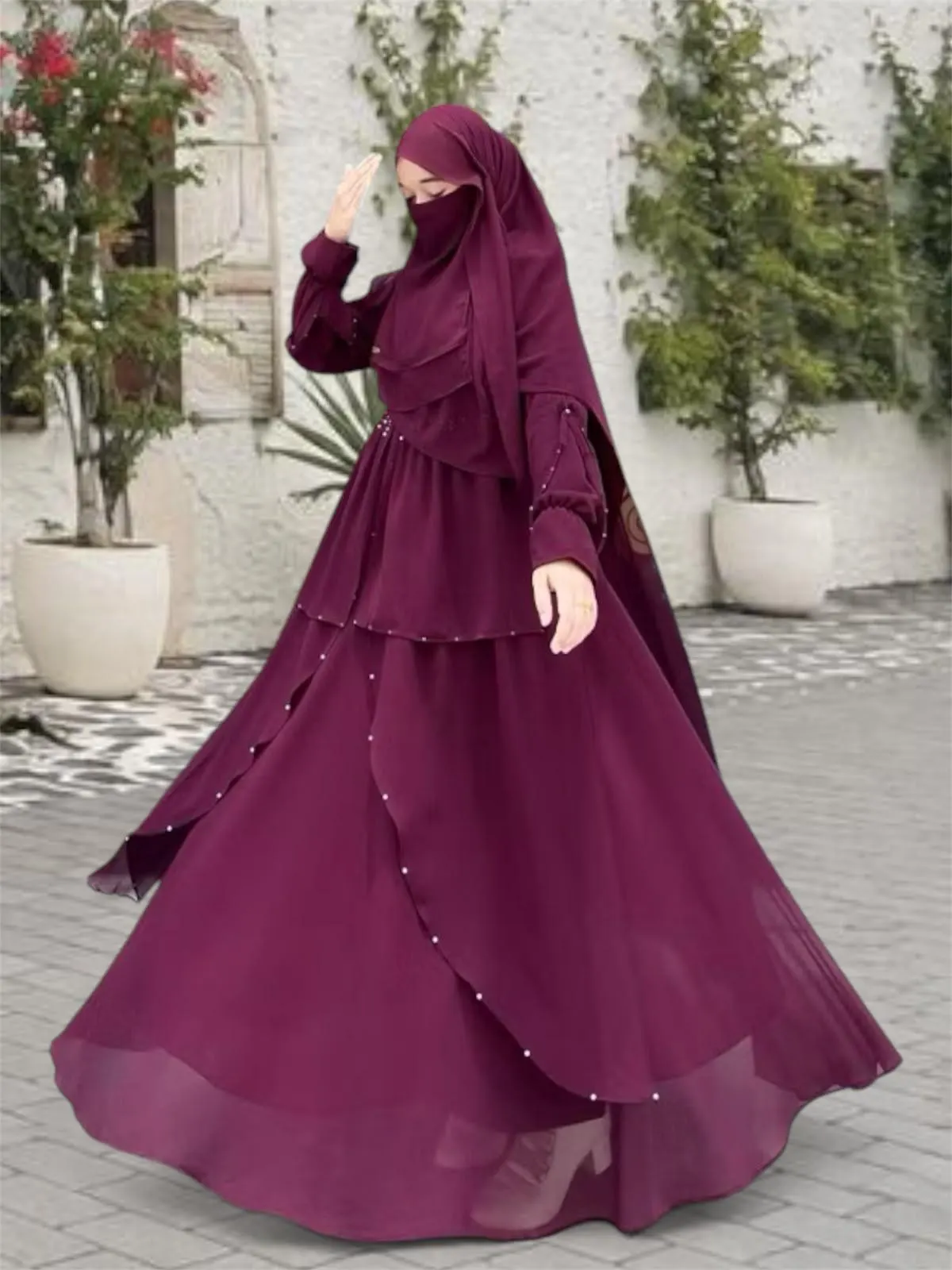 Elegant Embellished Layered Abaya – Modest Islamic Dress for Eid