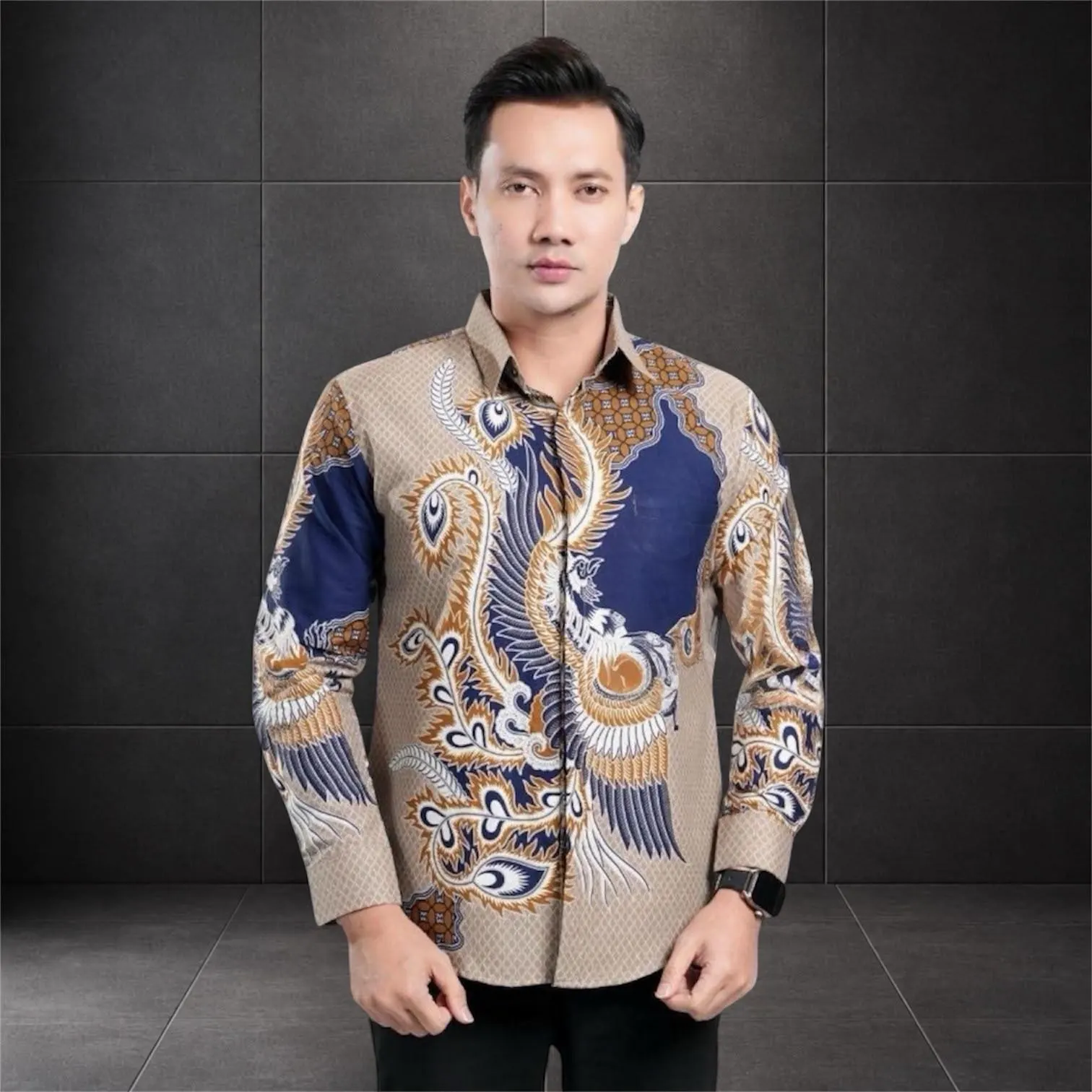 Men’s Batik Shirt, Navy Blue Beige Bird Pattern, Slim Fit Long and short Sleeve Indonesian Batik, Formal Men’s Shirt, Unique Ethnic Wear