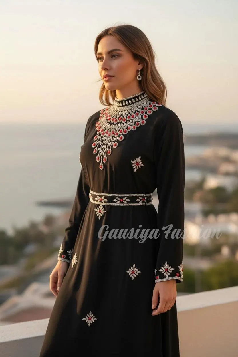 Royal Dubai Abaya Handmade Kaftan, Arabic wedding Gown Dress, Silver Red Applique flower design - image 4