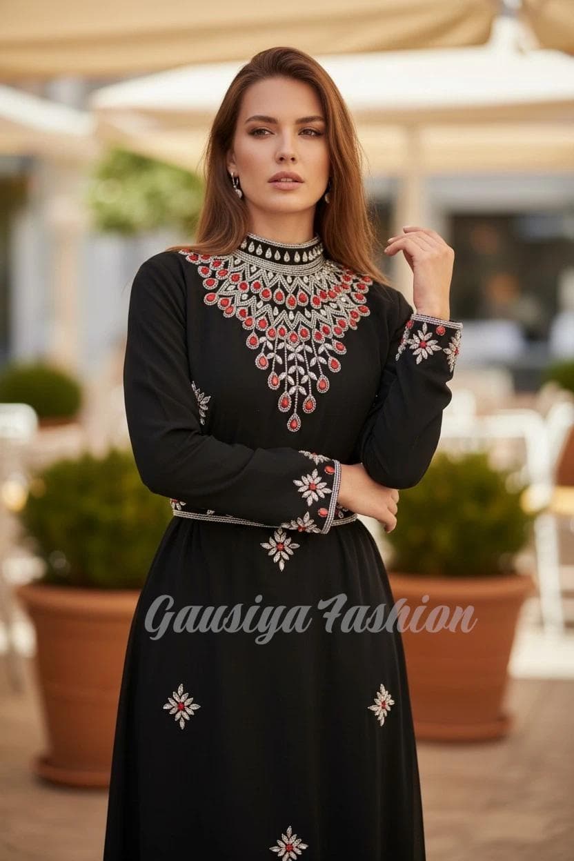 Royal Dubai Abaya Handmade Kaftan, Arabic wedding Gown Dress, Silver Red Applique flower design - image 3
