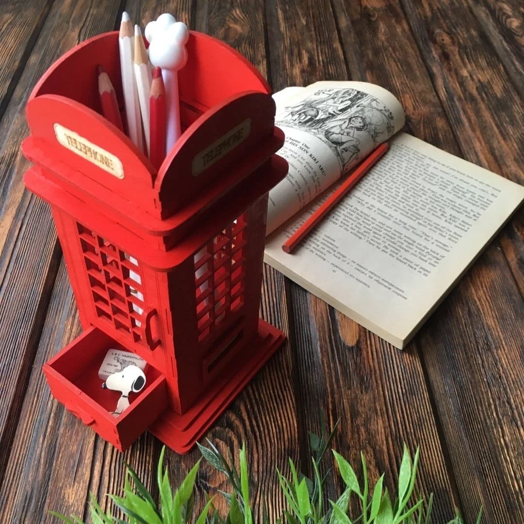 Laser Cut British Phone Booth Pencil Holder Desk Organizer 3 mm SVG CDR File