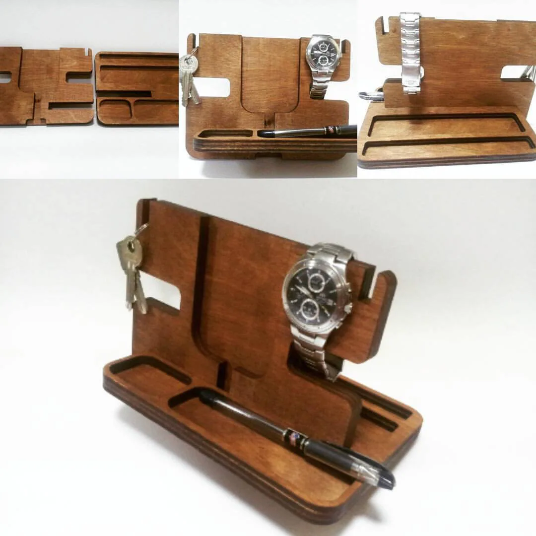 Laser Cut Wood Phone Docking Station With Key Holder Wallet Stand Watch Organizer Men Gift SVG DXF CDR Ai Eps Pdf File