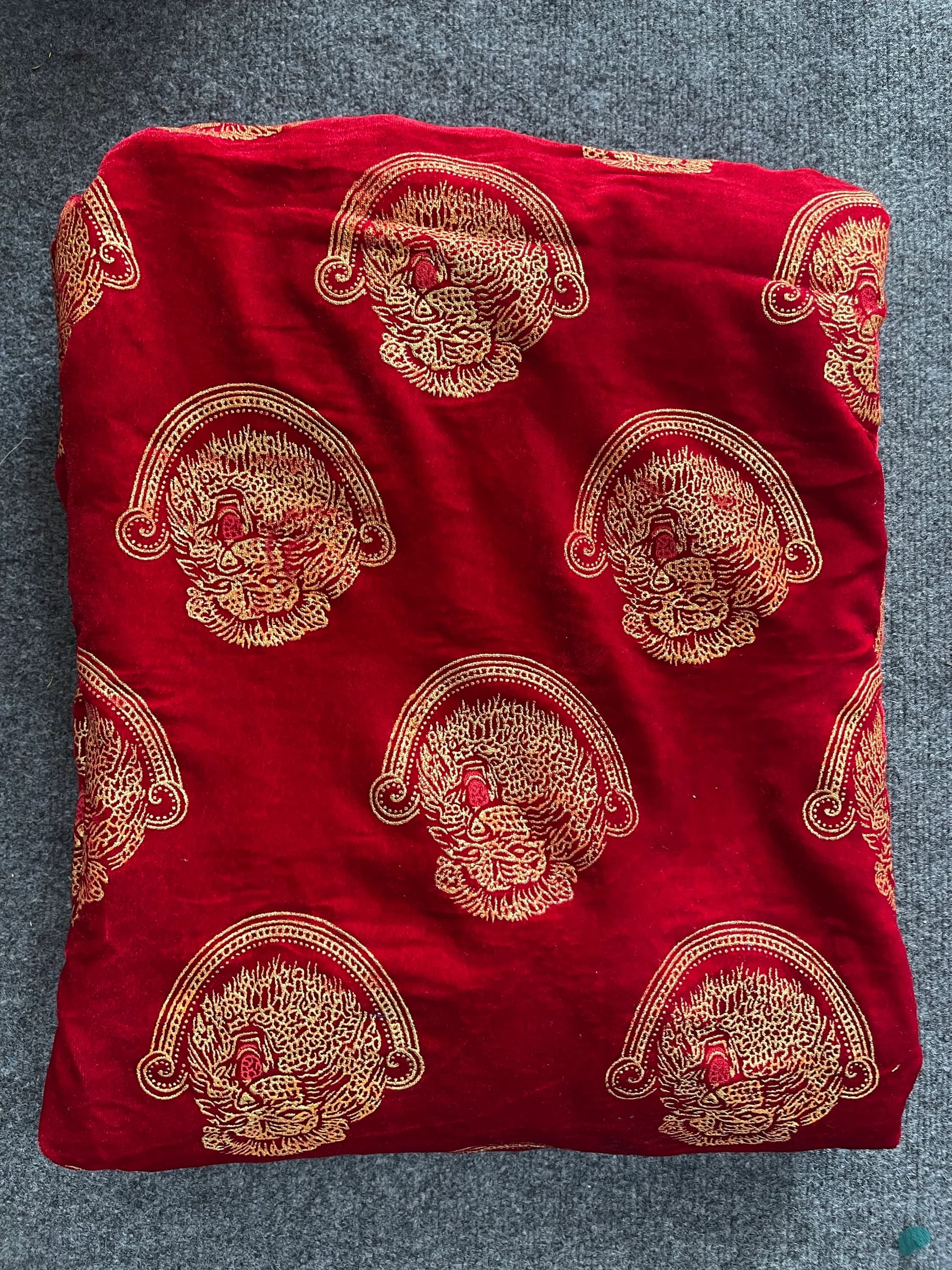 Red Isi agu velvet fabric, Royal African velvet Isi agu fabric sold per yard for Igbo Men Top, African Cultural weddings.