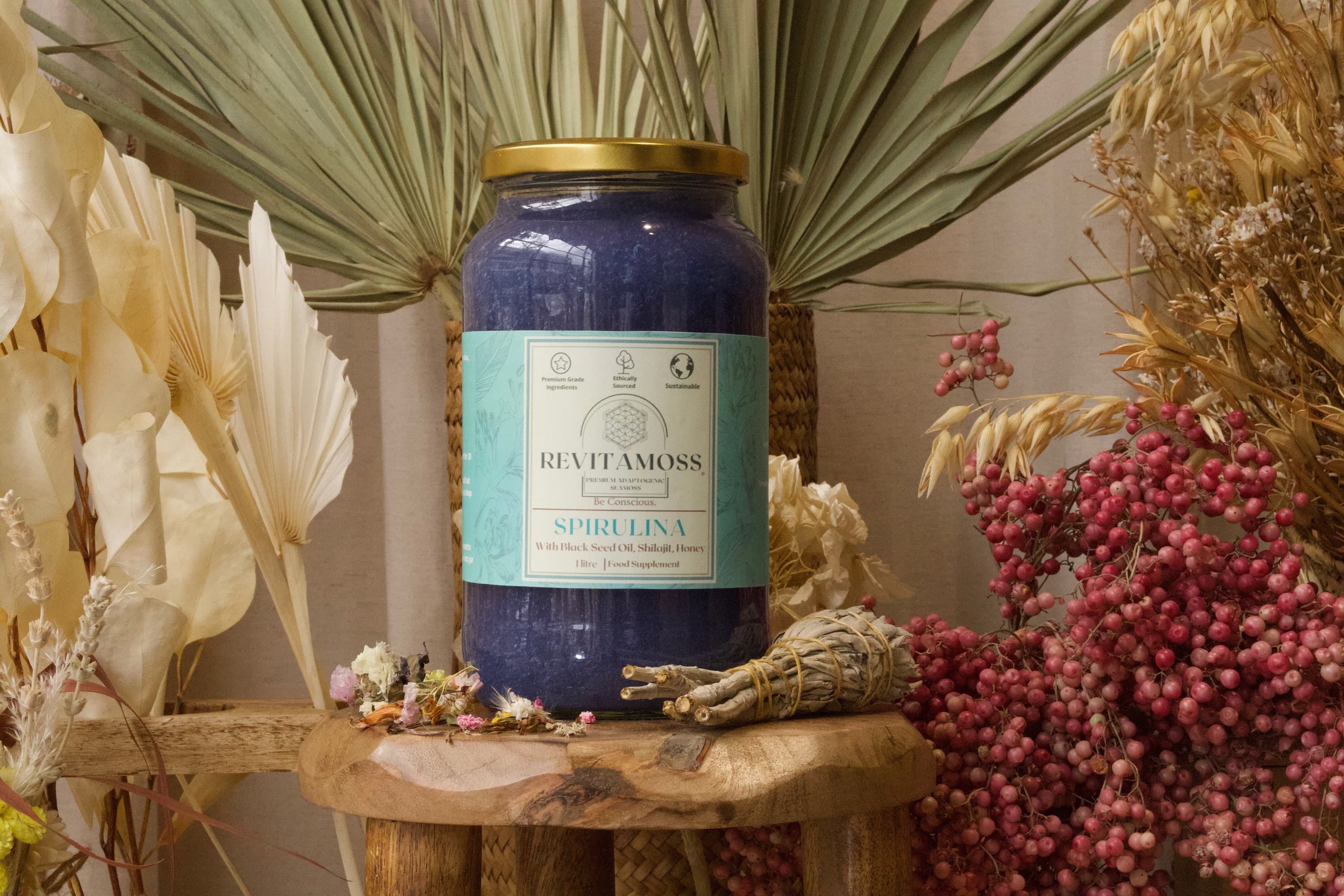 Blue Spirulina Sea Moss Gel - Lab Tested - Shilajit, Black Seed Oil, Honey and 8 Holistic Herbs - Burdock Root, Dandelion Root, Sarsaparilla