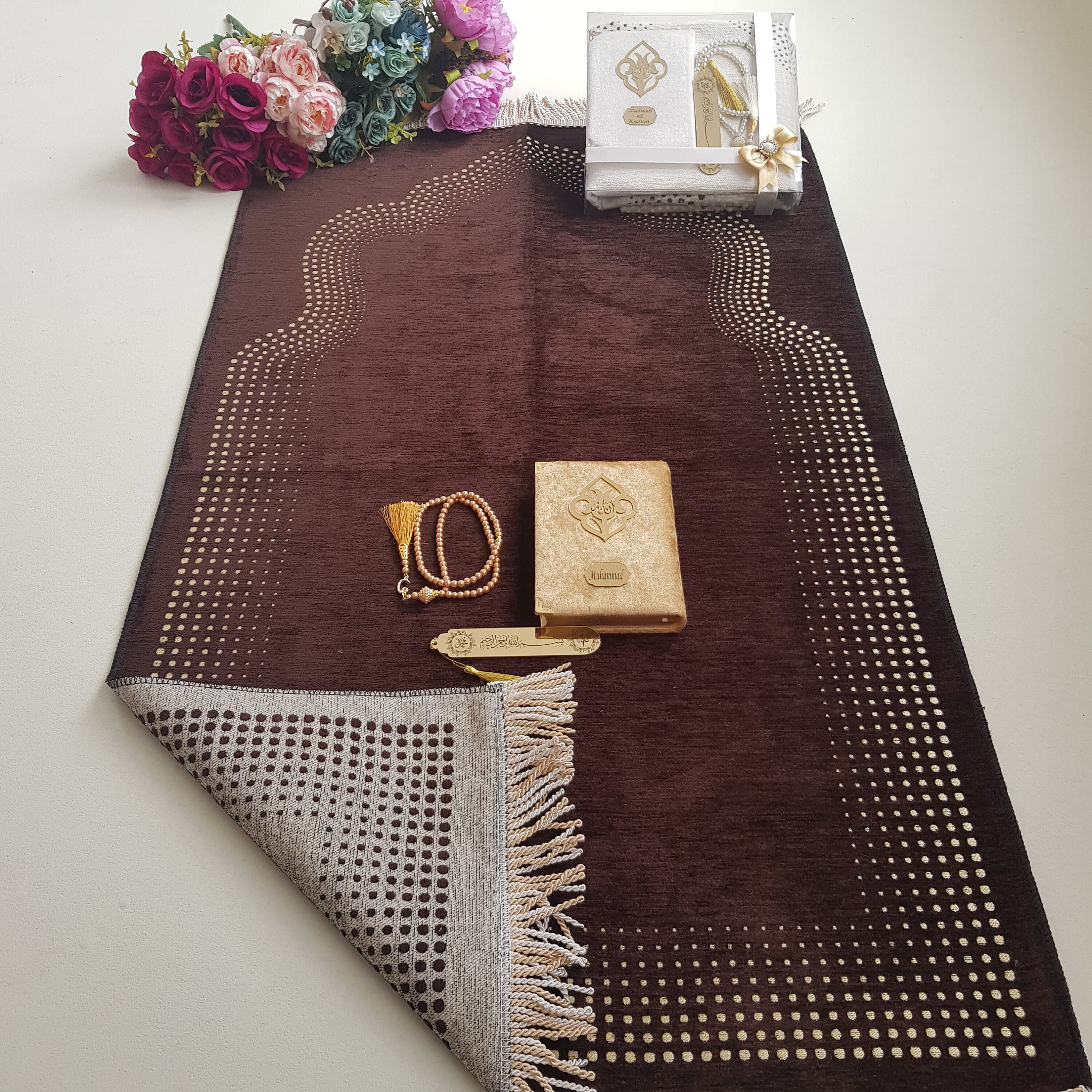 Personalized Prayer Mat Gift Set | Velvet Quran, Tasbeeh & Bookmark - image 4