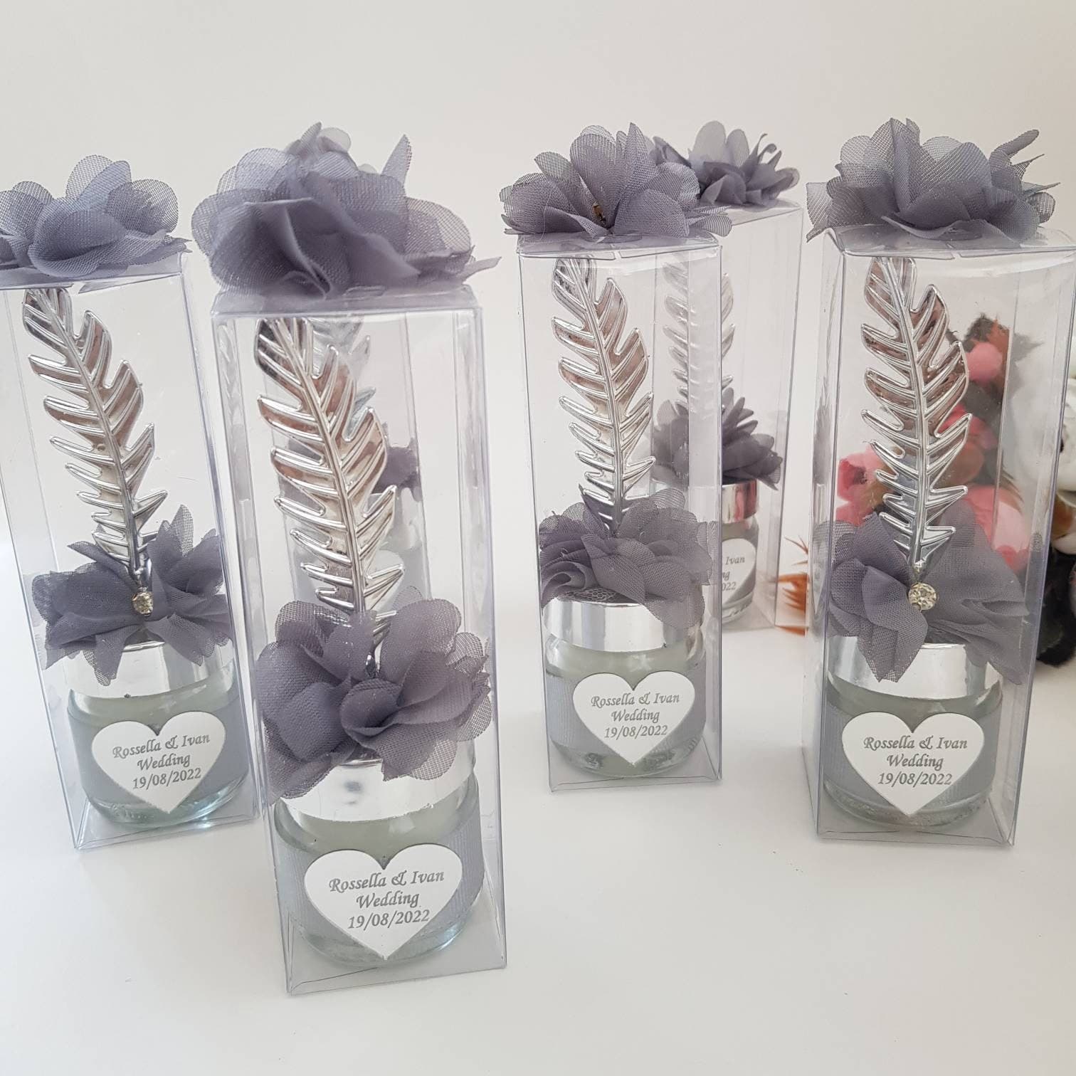Personalized Wedding Candle Favors, Silver Feather, Bulk Gifts - image 4