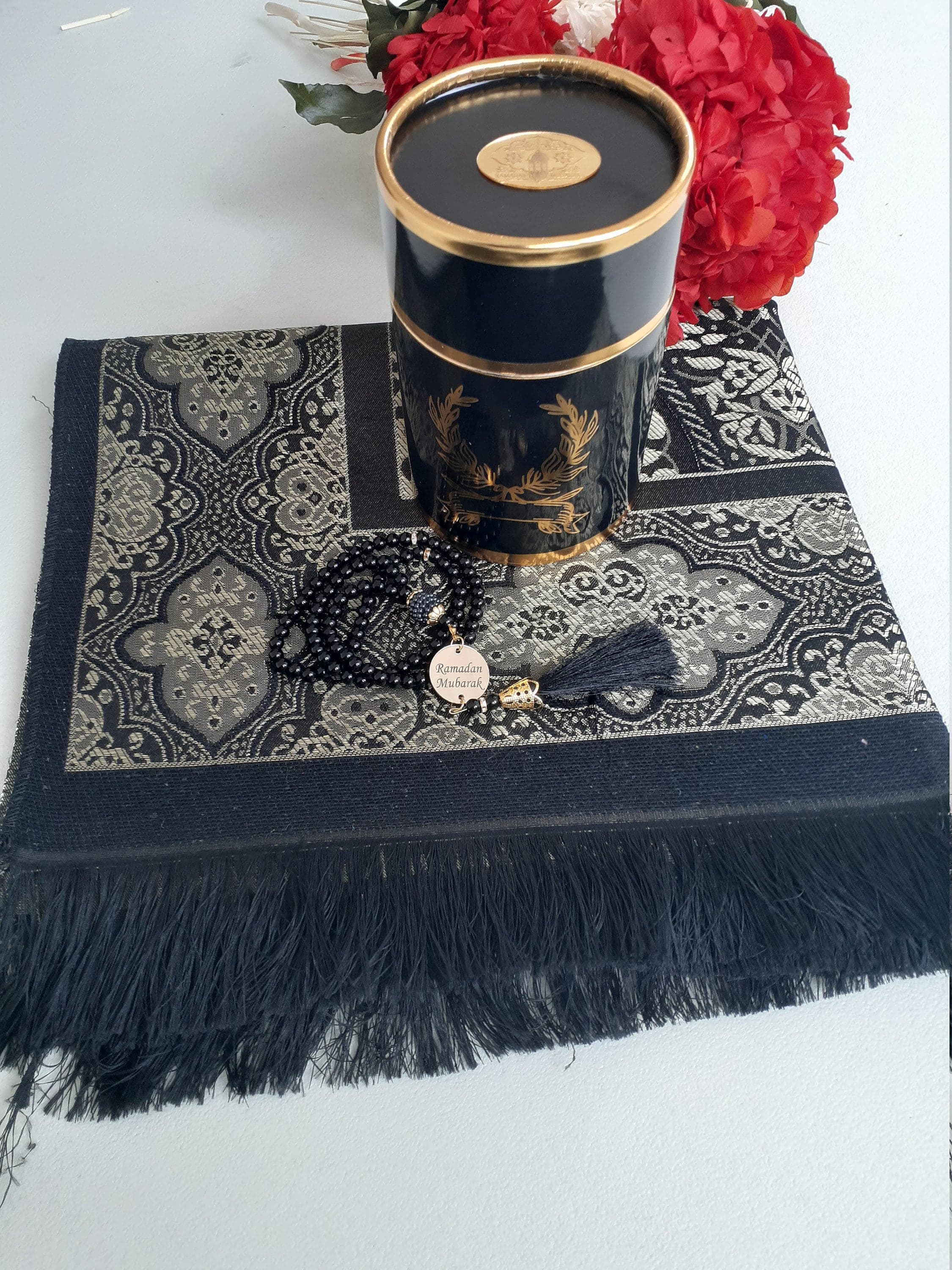 Personalized Prayer Mat Gift Set | Islamic Pearl Tasbeeh, Eid Mubarak