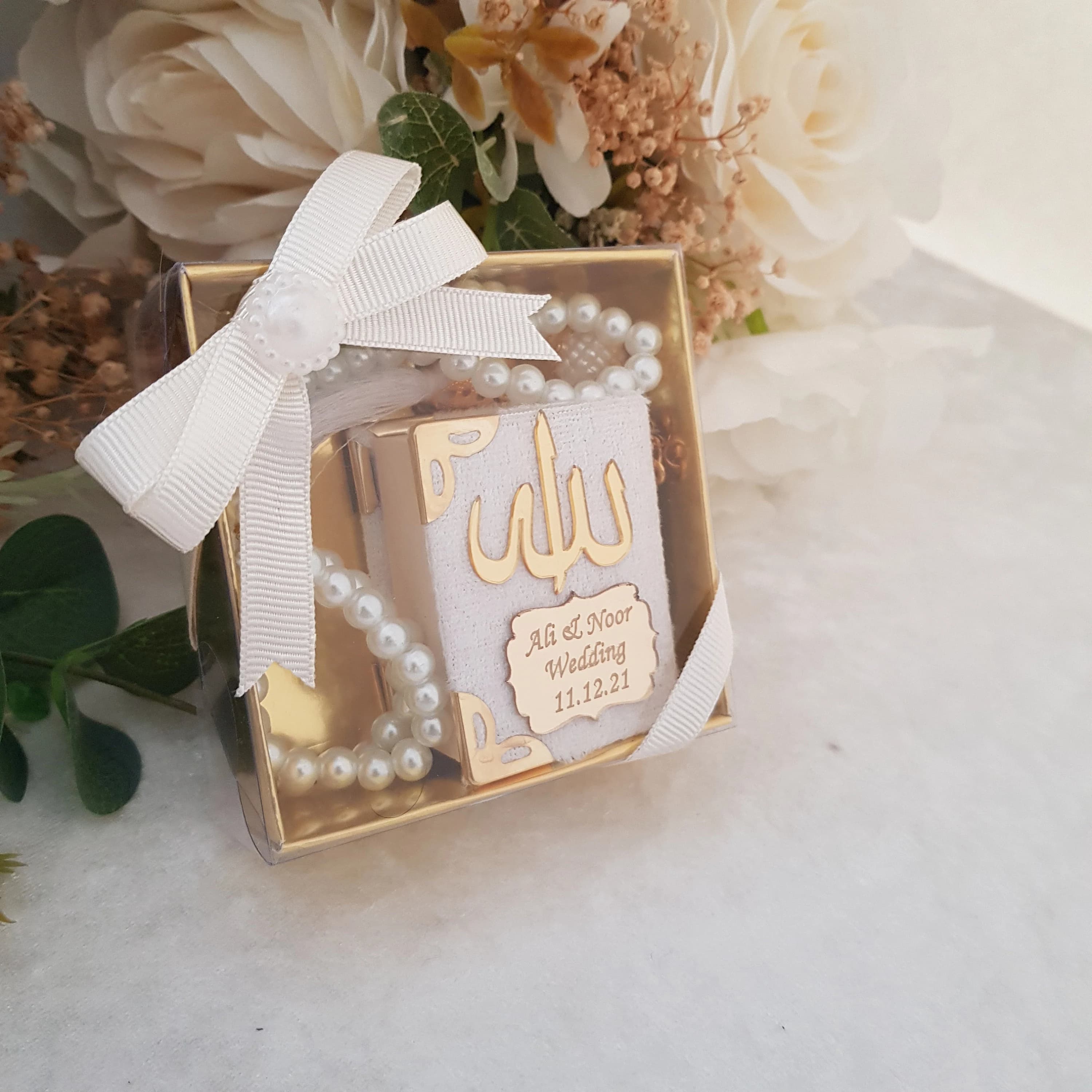 Velvet Mini Quran Gift Set | Pearl Tasbeeh, Decorated Box | Wedding favors