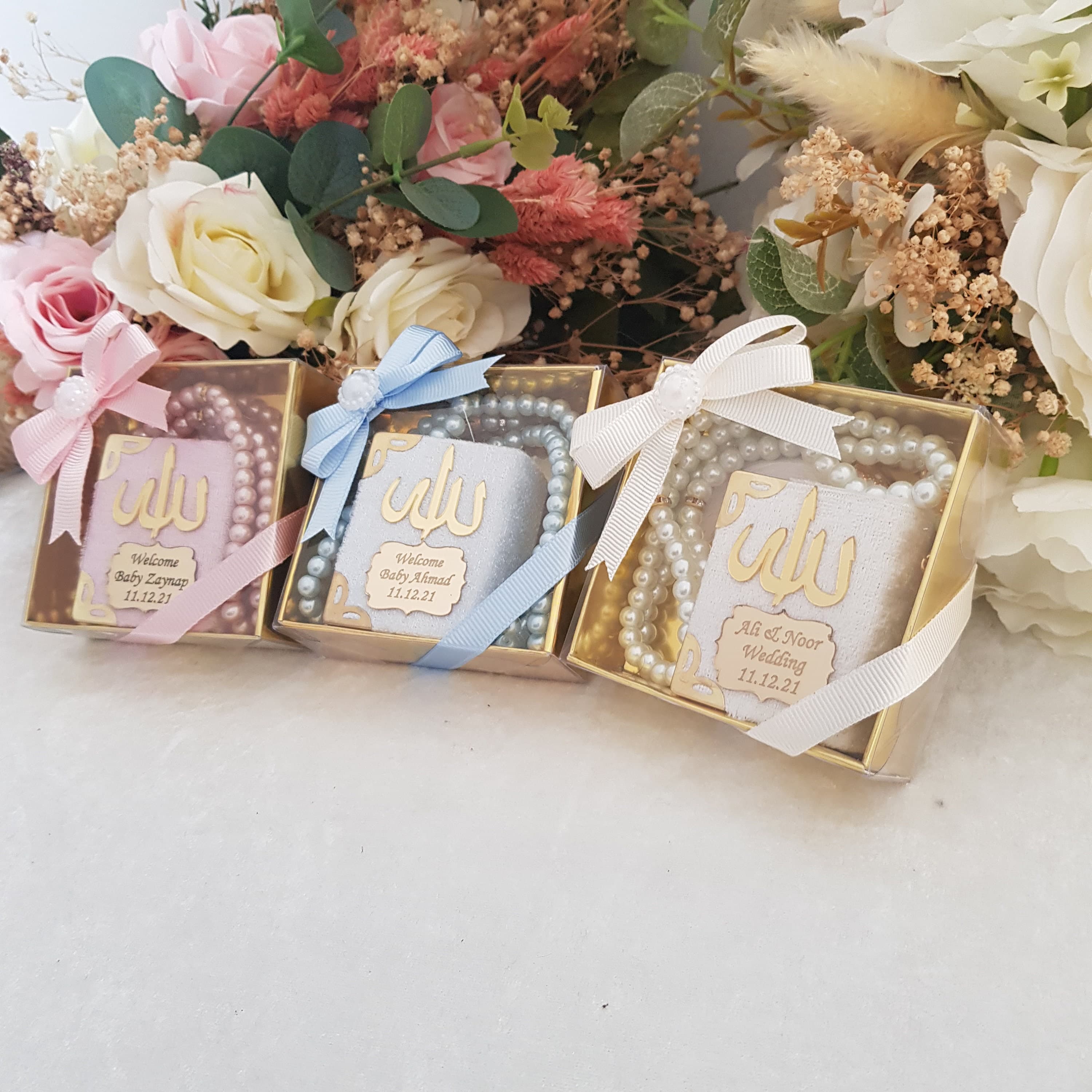 Velvet Mini Quran Gift Set | Pearl Tasbeeh, Decorated Box | Wedding favors
