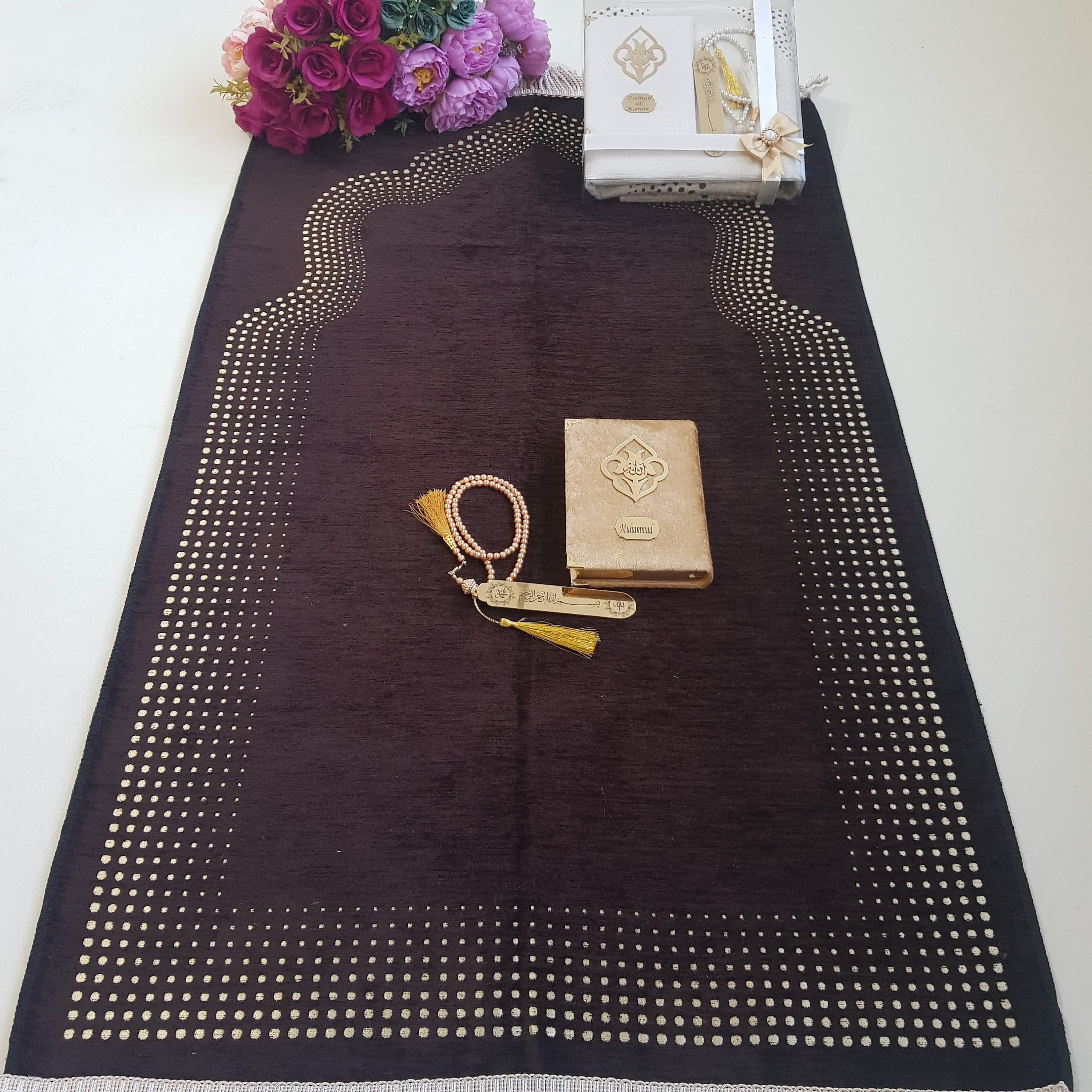 Personalized Prayer Mat Gift Set | Velvet Quran, Tasbeeh & Bookmark - image 3