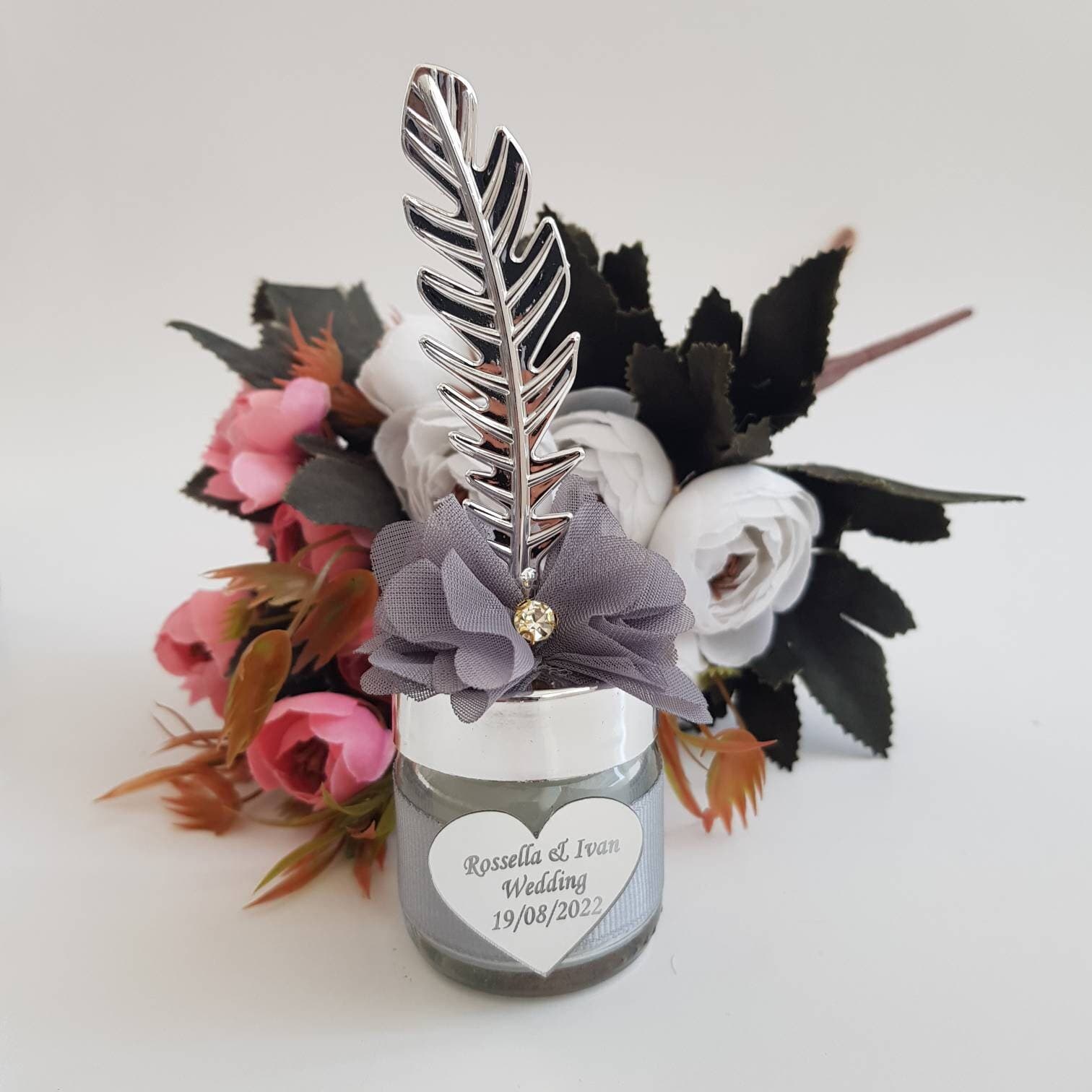 Personalized Wedding Candle Favors, Silver Feather, Bulk Gifts - image 4