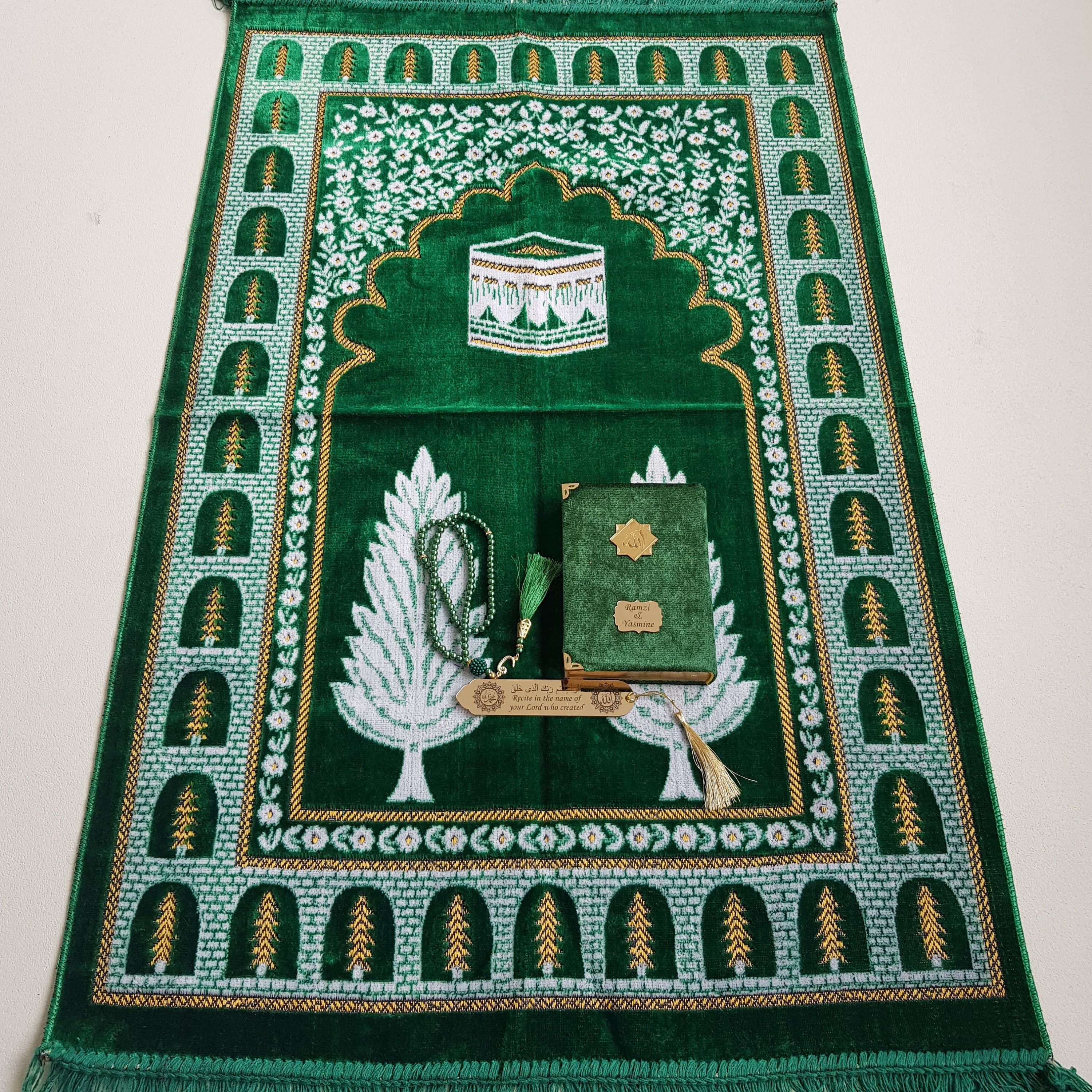 Personalized Velvet Prayer Mat Gift Set | Quran, Tasbeeh & Bookmark - image 4