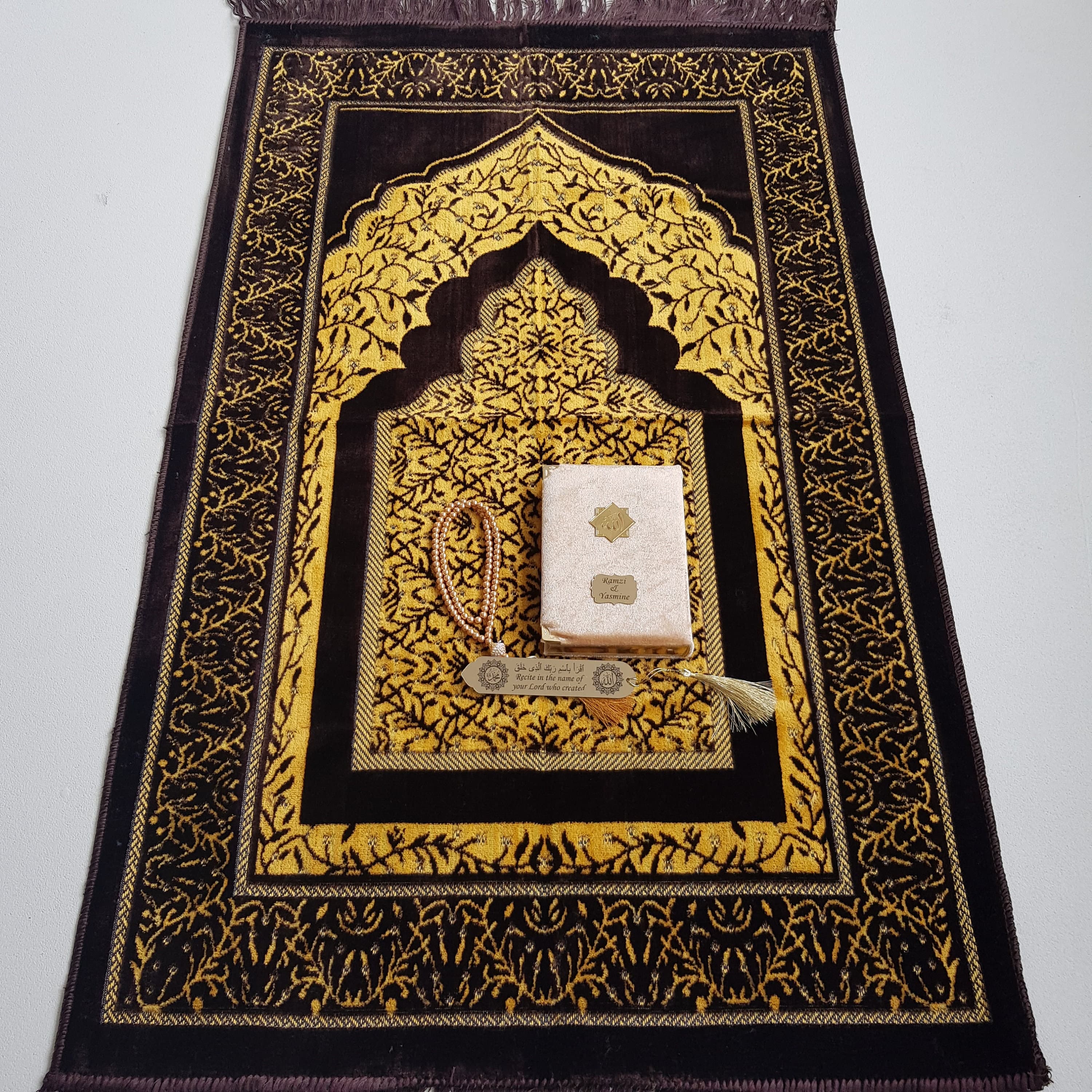 Personalized Velvet Prayer Mat Gift Set | Quran, Tasbeeh & Bookmark - image 3