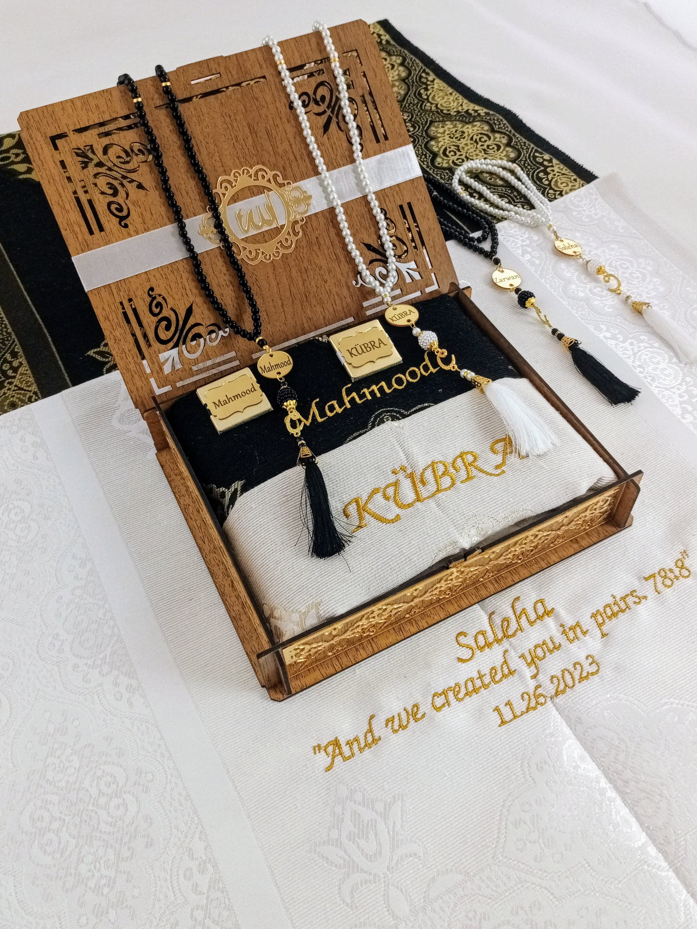 Personalized Couple Set | Pearl Prayer Beads Islamic Gift Set | Eid Gift | Wedding Gift | Birthday Gift | Couple Set Gift