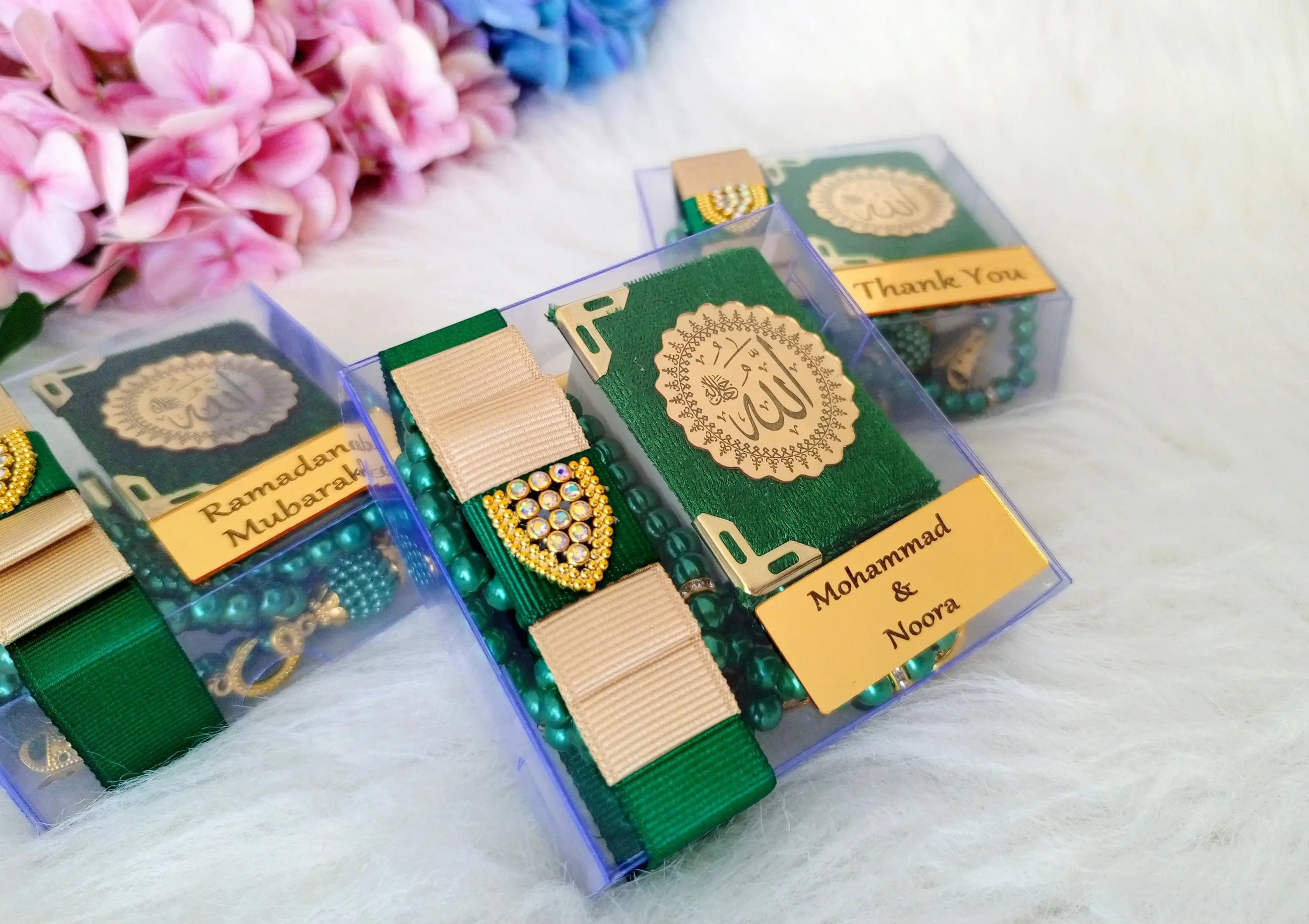 Velvet Mini Quran Gift Set | Pearl Tasbeeh, Decorated Box | Wedding favors