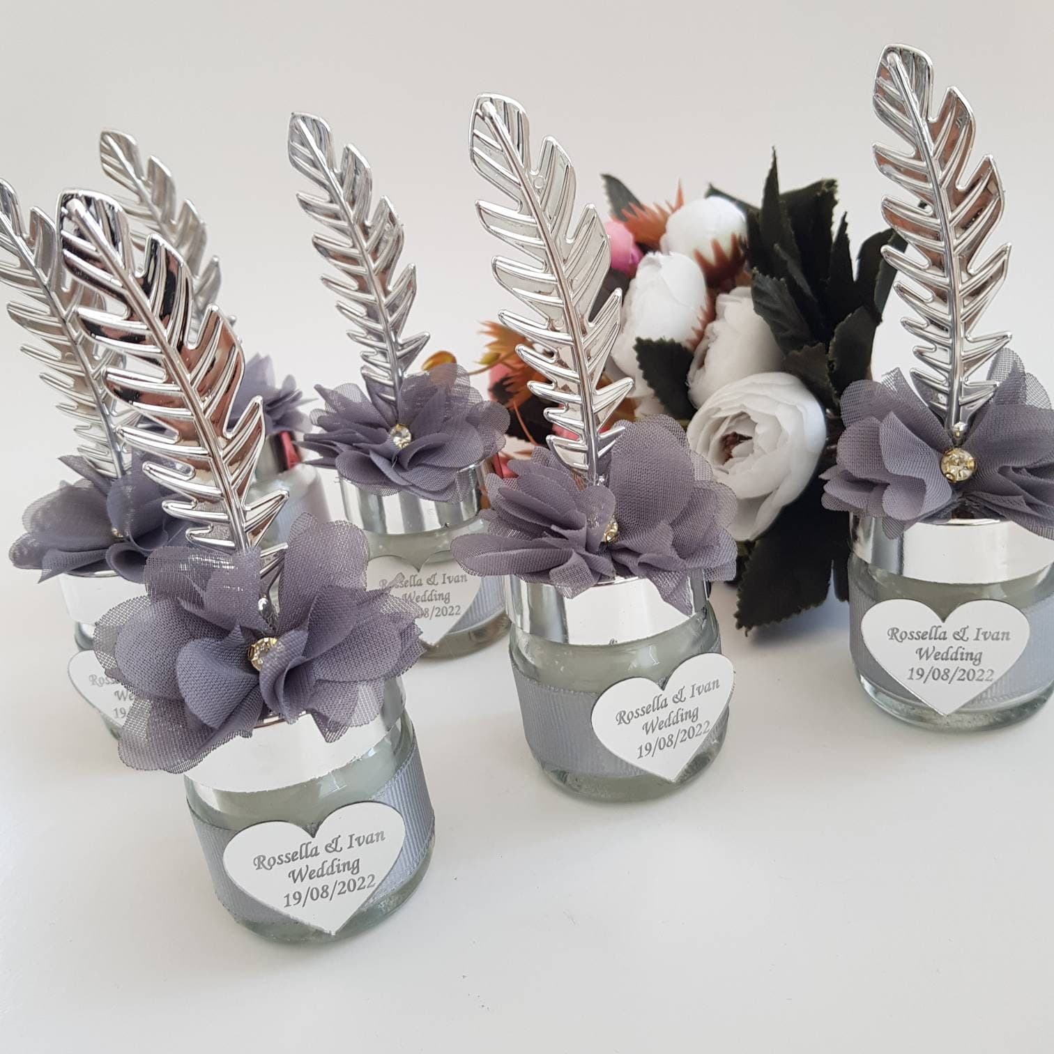Personalized Wedding Candle Favors, Silver Feather, Bulk Gifts - image 3