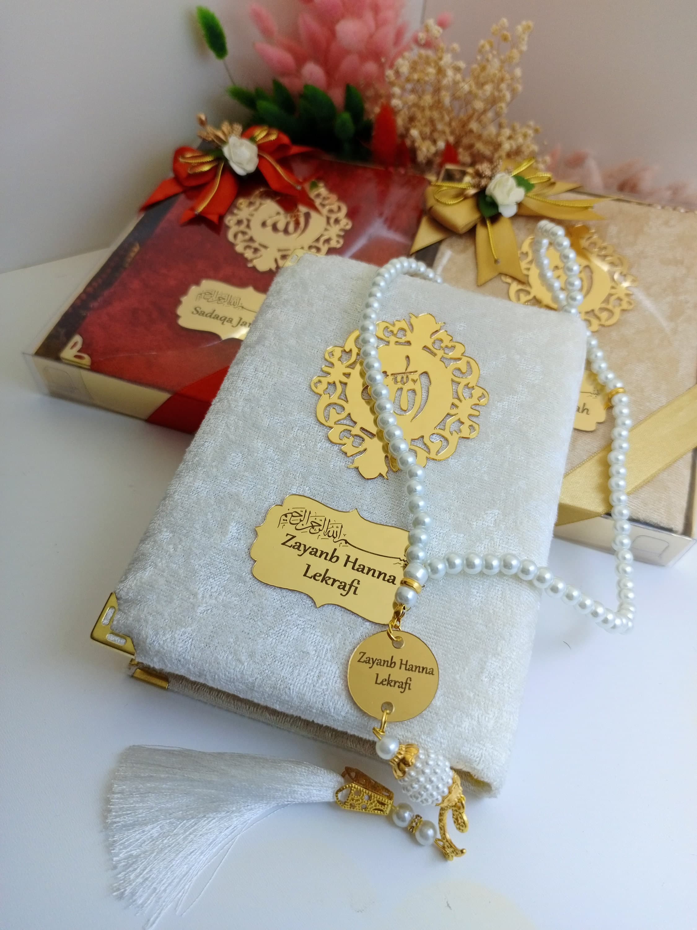 Personalized Prayer Velvet Quran Pearl Prayer Beads Islamic Gift Set | Eid Gift | Wedding Favors | Birthday Gift | Ramadan Mubarak - image 4