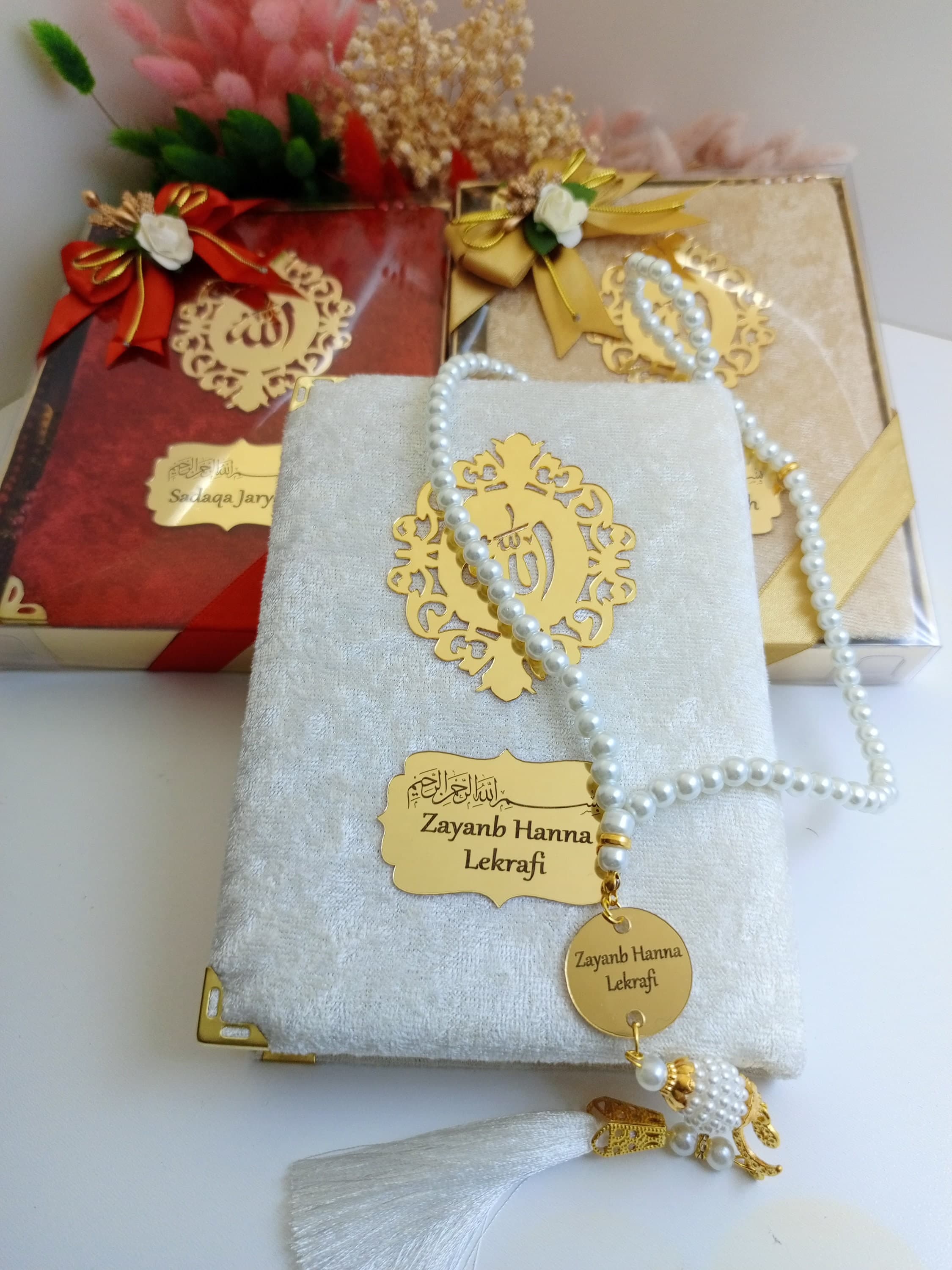 Personalized Prayer Velvet Quran Pearl Prayer Beads Islamic Gift Set | Eid Gift | Wedding Favors | Birthday Gift | Ramadan Mubarak