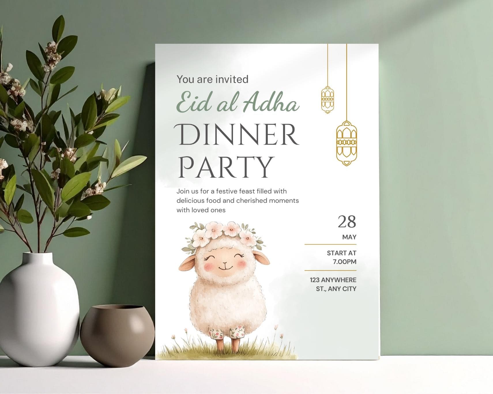 Eid Al Adha Invitation, Floral Sheet Invite Printable PDF, Editable Canva Template, Digital Download