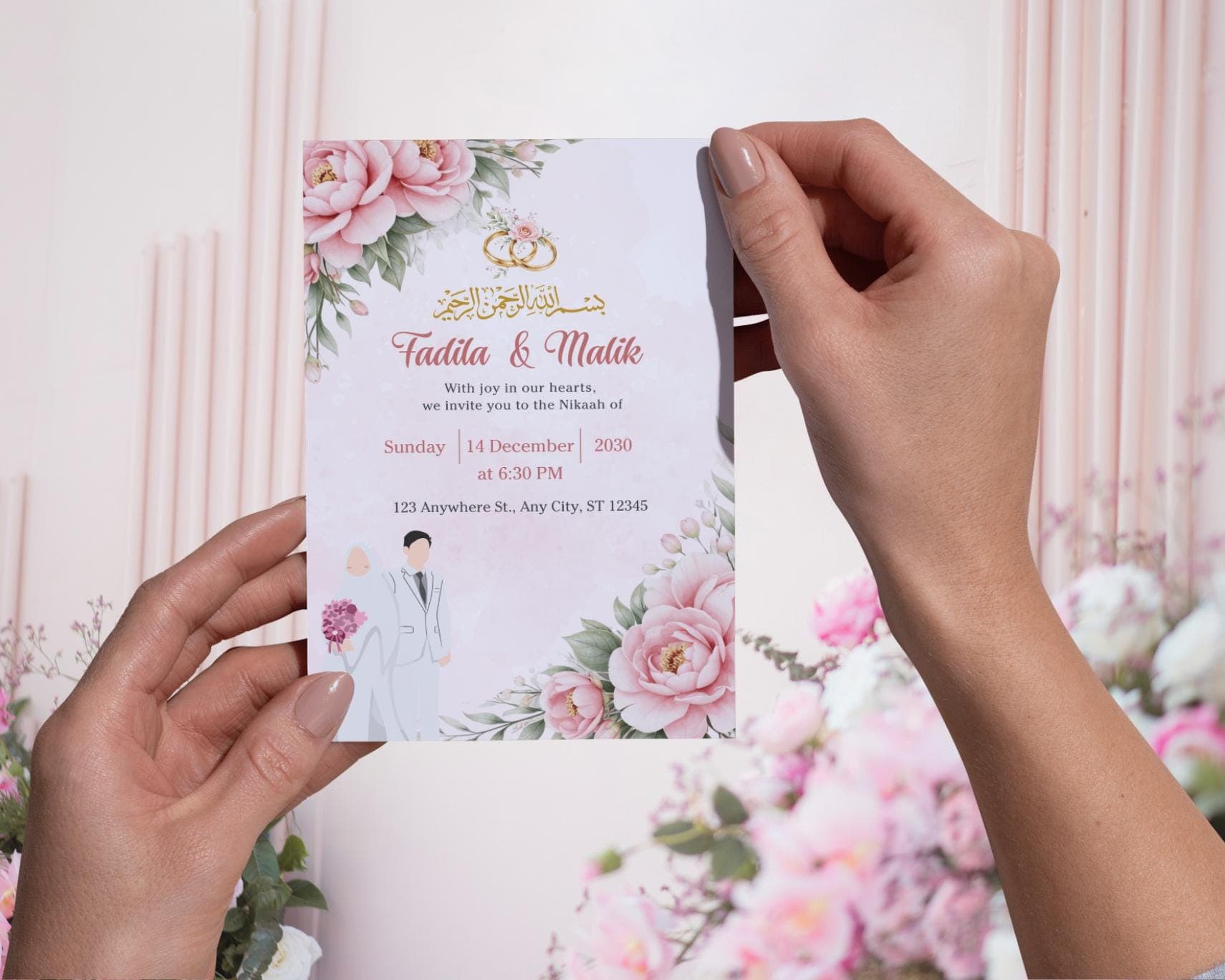 Muslim Wedding Invitation Template Roses, Hijabi Bride Card, Islamic Walima Invite (Digital Download) - image 4