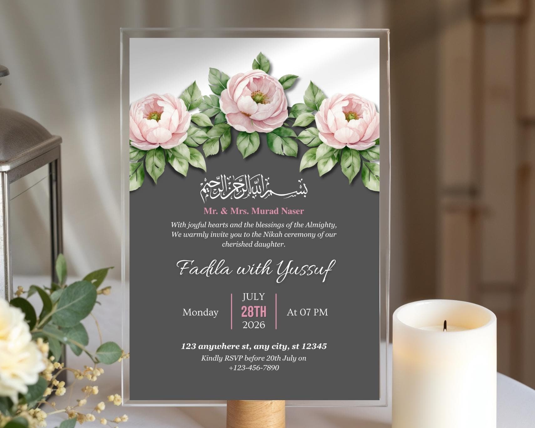 Muslim Wedding Invitation Template, Editable Floral Nikah Card, Watercolor Islamic Walima Invite, (Digital Download) - image 4