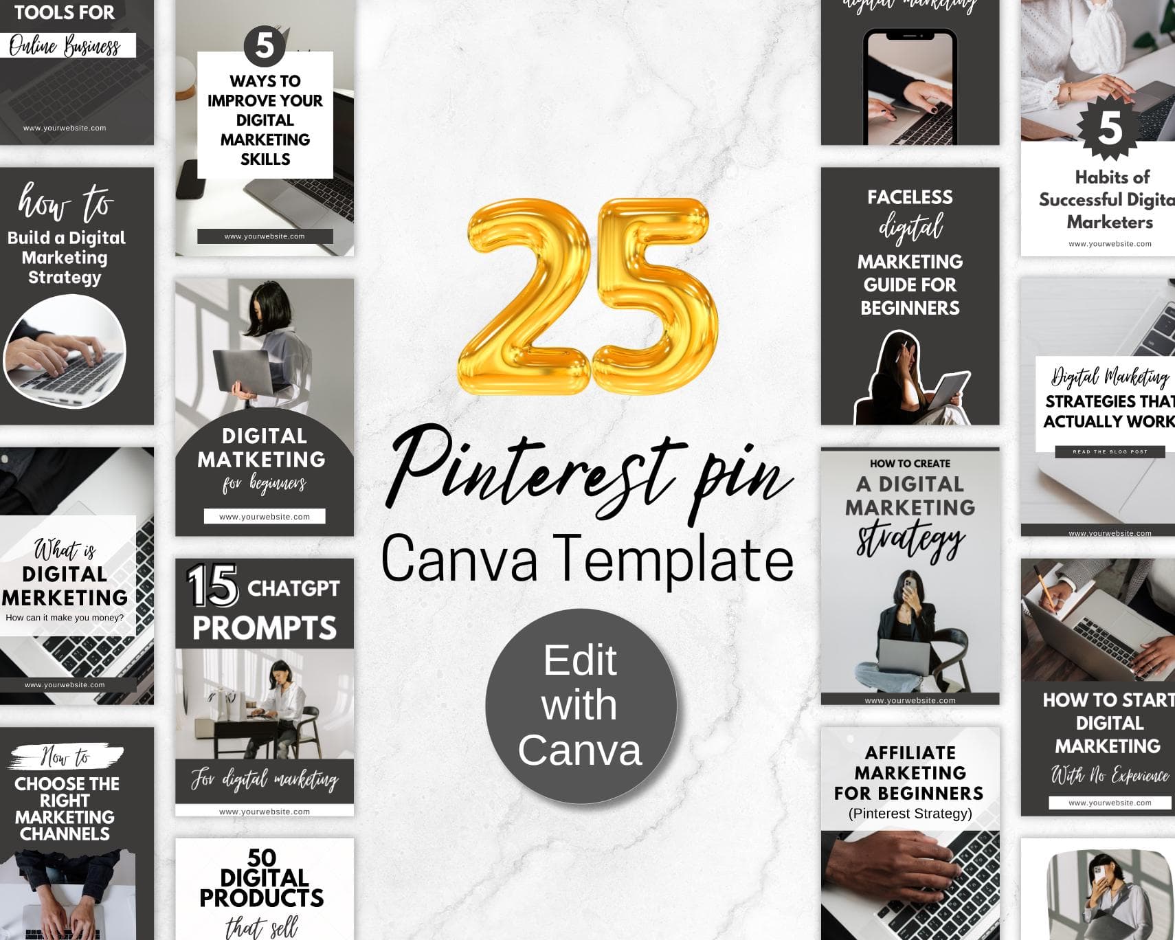 25 Pinterest Pin Canva Templates, Digital Marketing (Instant Download)