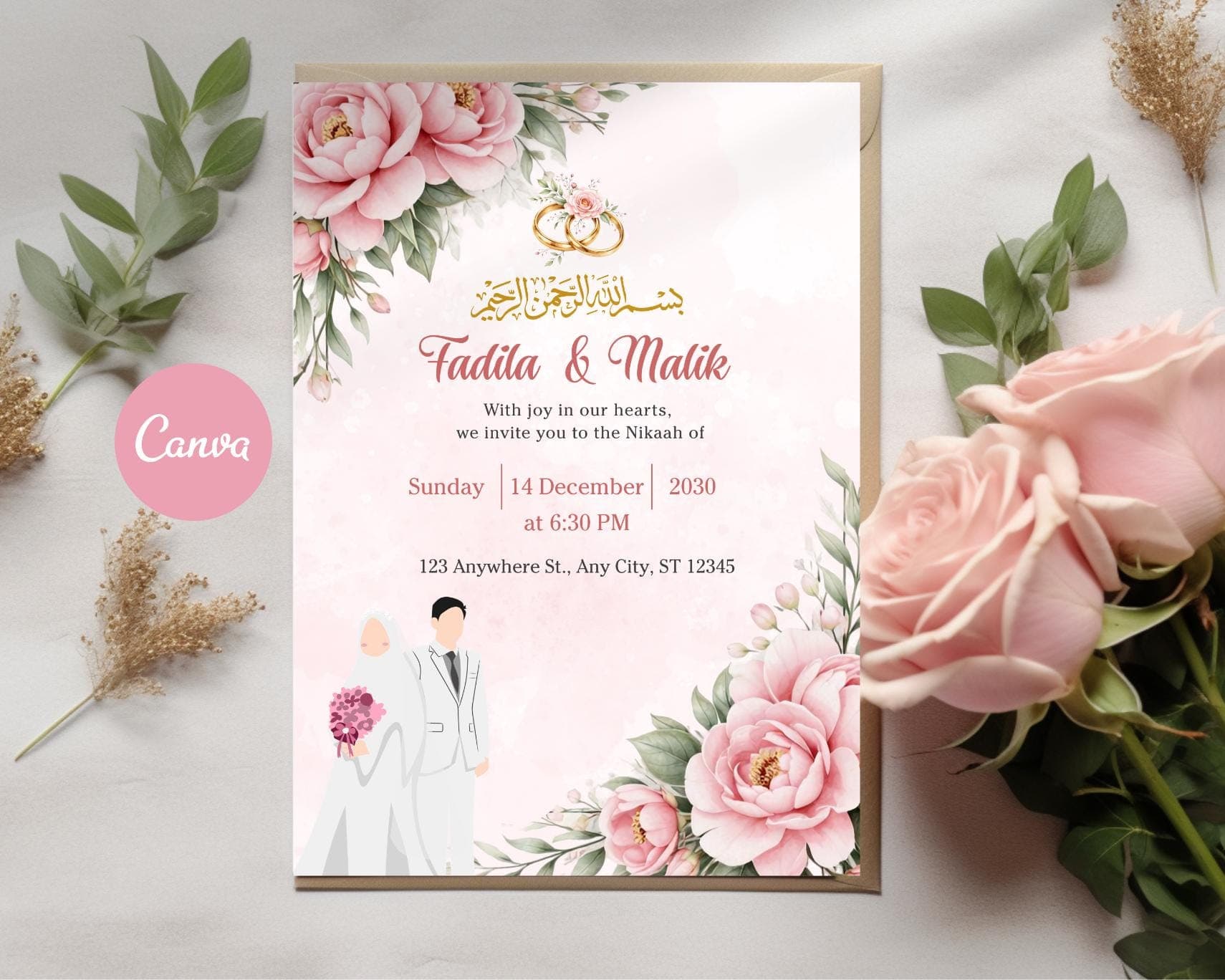 Muslim Wedding Invitation Template Roses, Hijabi Bride Card, Islamic Walima Invite (Digital Download)