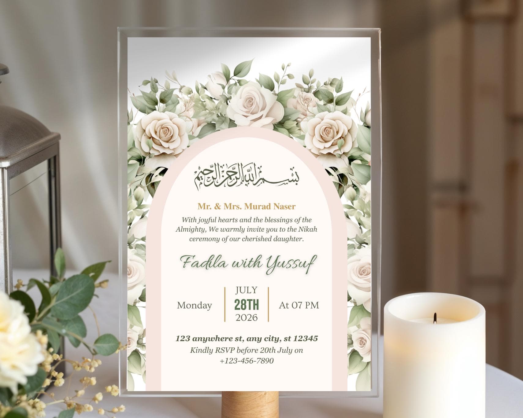 Watercolor Muslim Wedding Invitation Template, Editable Nikkah Card, Islamic Walima Invite (Digital Download) - image 4