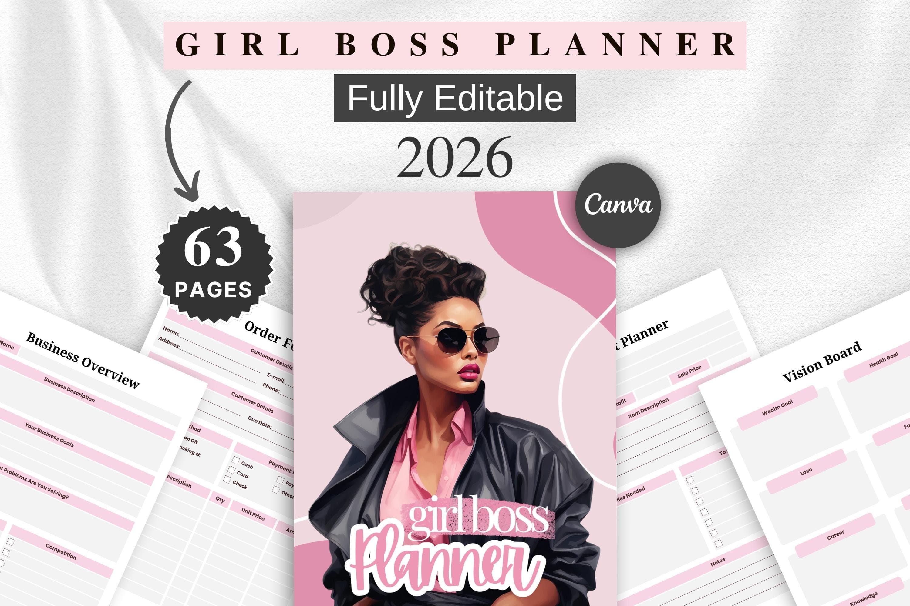 Girl Boss Business Planner 2026, Editable Canva Template (Digital Download)