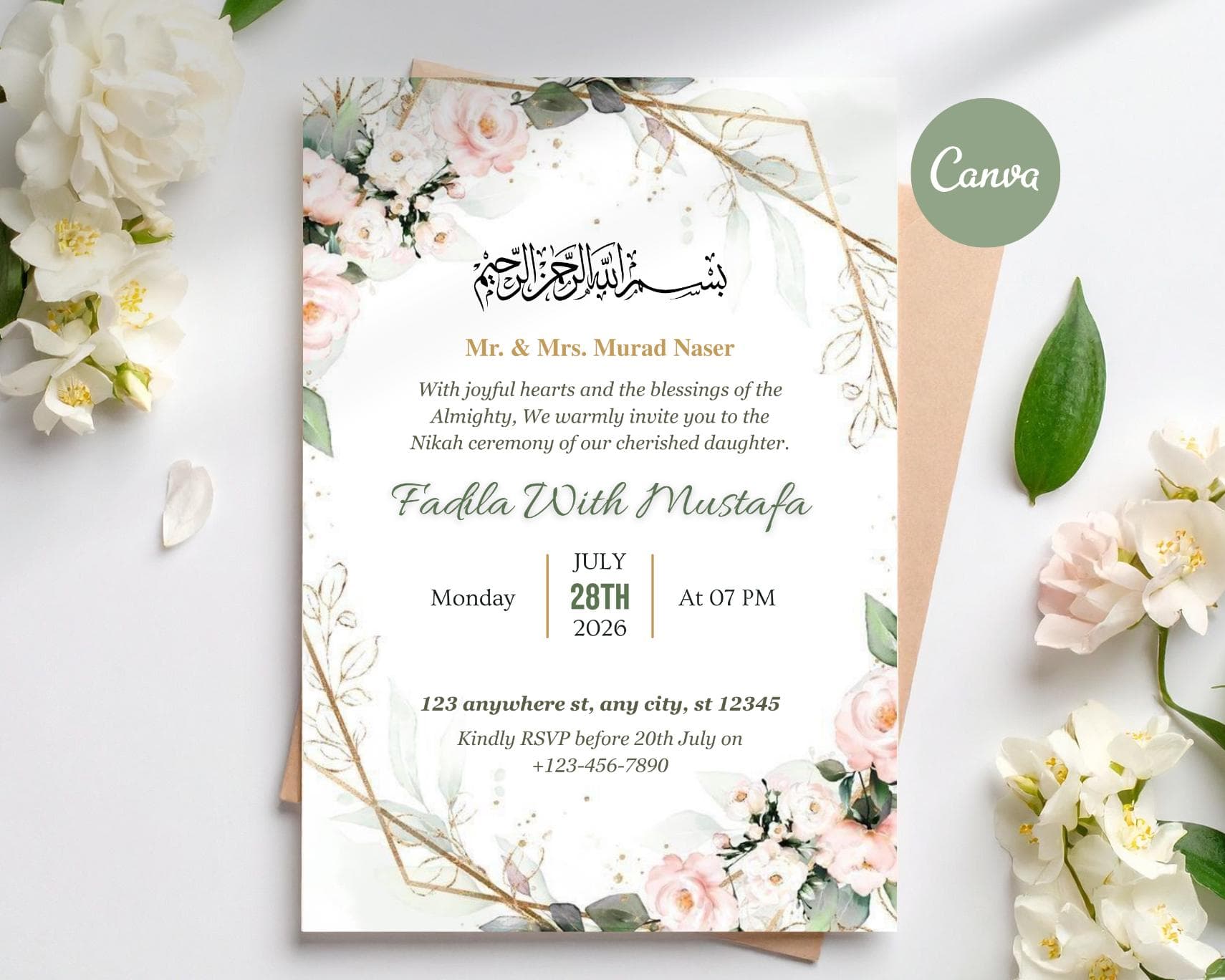 Floral Muslim Wedding Invitation, Editable Nikkah Card, Islamic Walima Invite (Digital Download)