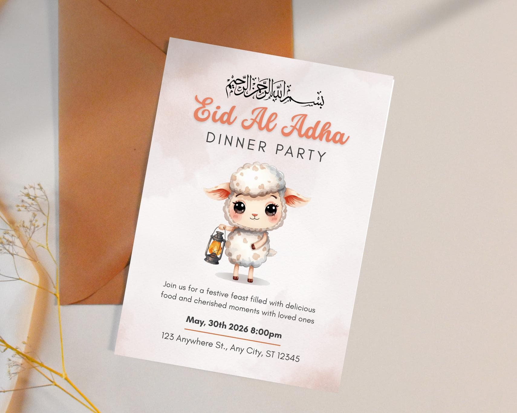 Eid Al Adha Dinner Party Invitation, Editable Canva Template, Sheep Holding Lantern (Digital Download) - image 5