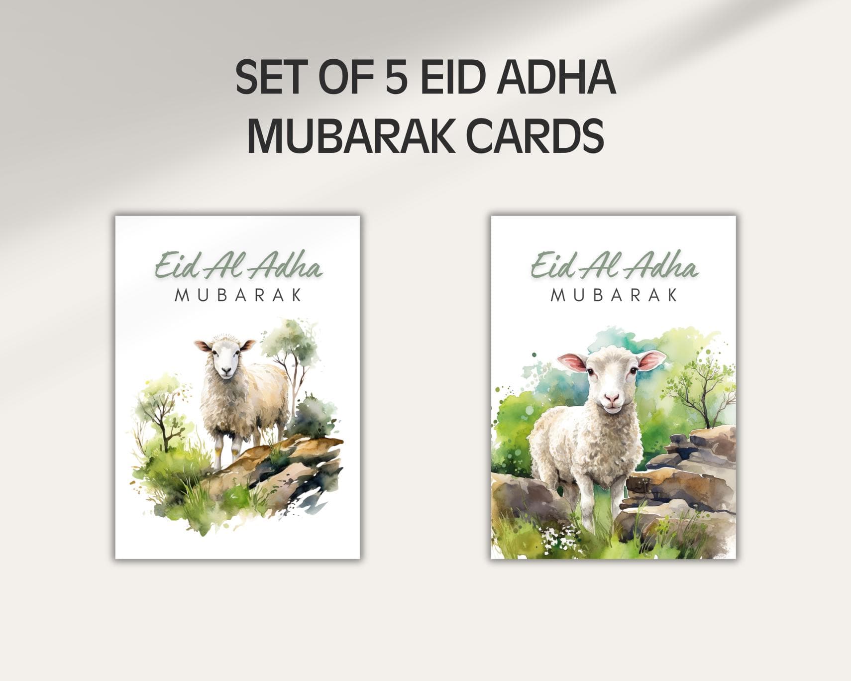 Set of 5 Watercolor Eid Al Adha Cards, Eid Mubarak Greetings (Digital Download) - image 4
