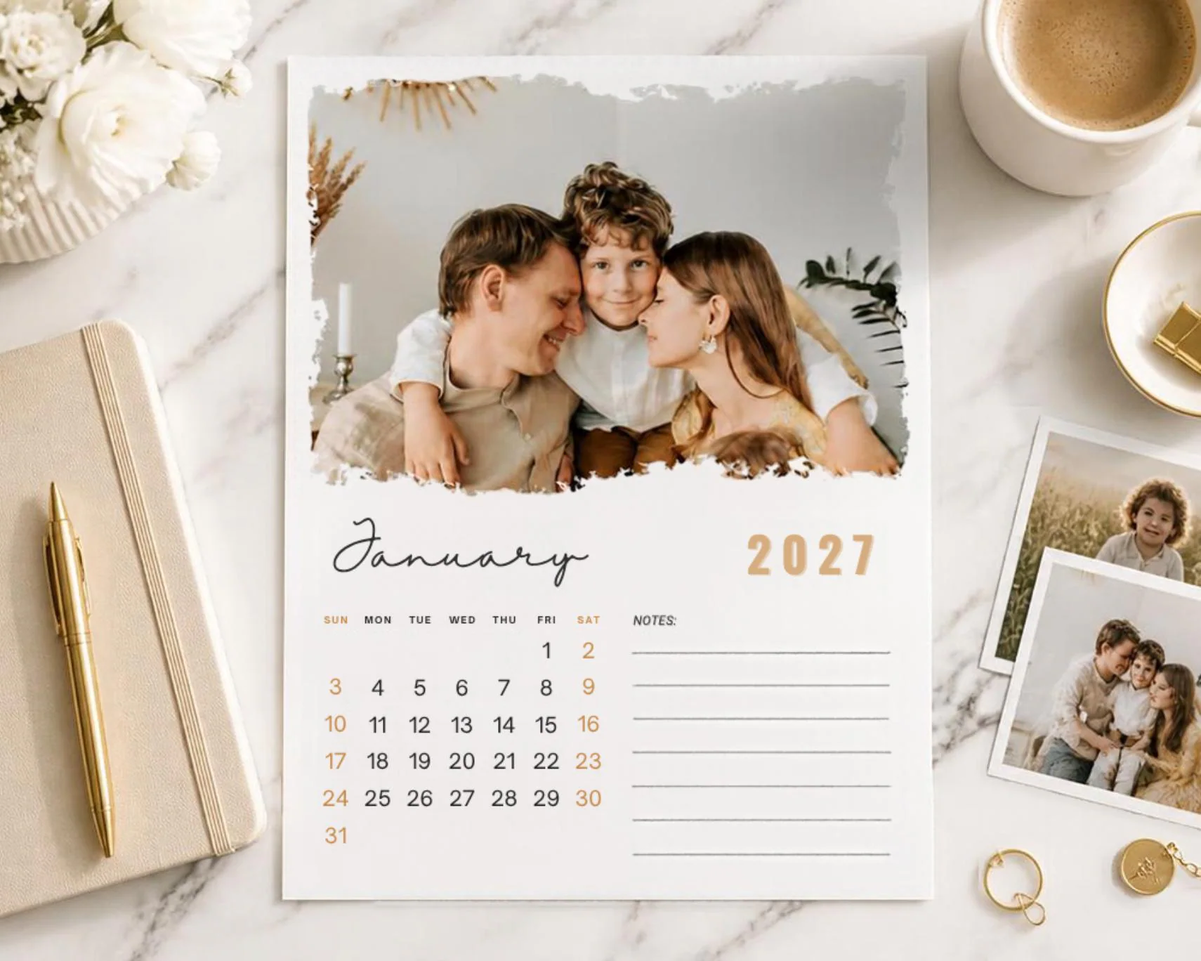 2027 Family Photo Calendar Template, Editable Canva Calendar with Notes, Sunday Monday Start