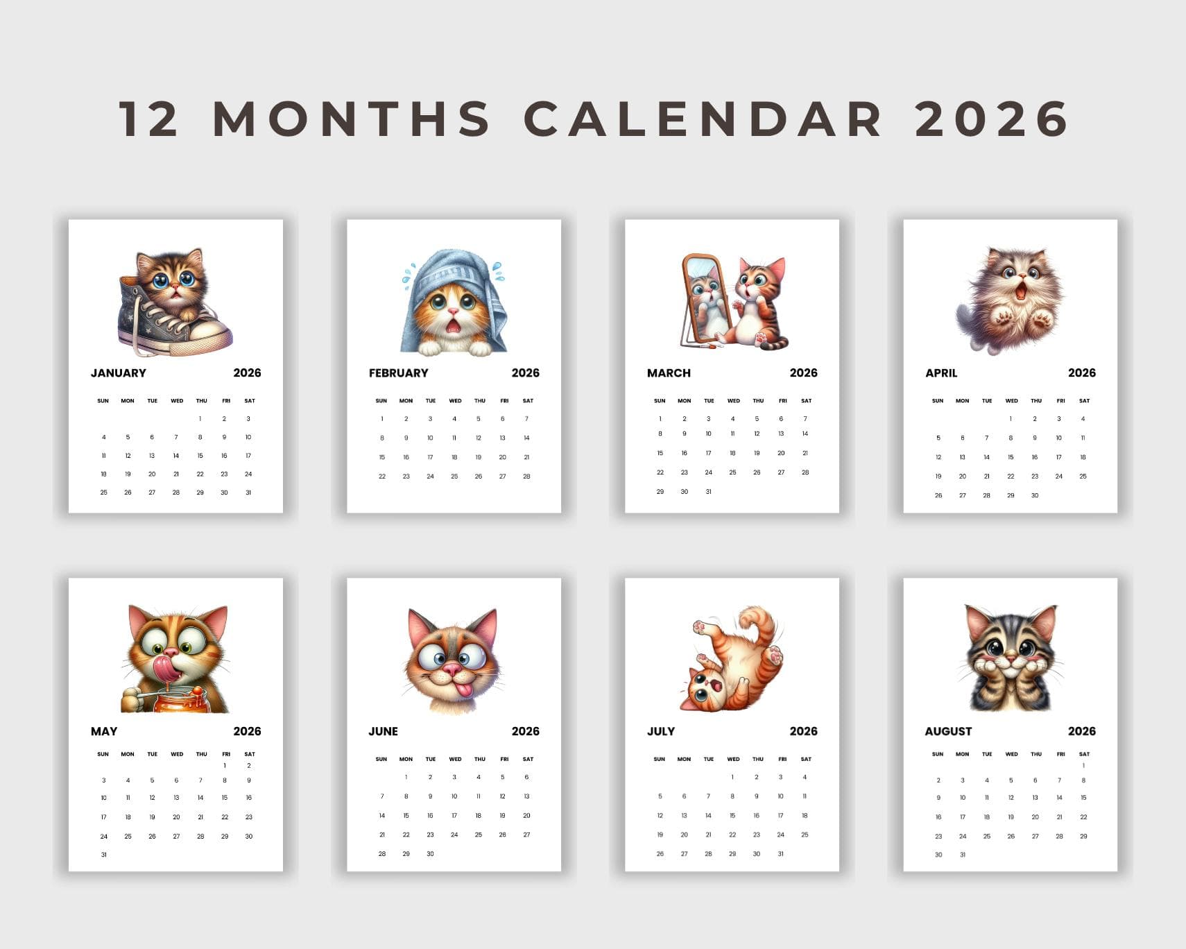 Funny Cat Calendar 2026 | A5 Printable PDF | Sunday Start  | Digital Download | Canva Template - image 3