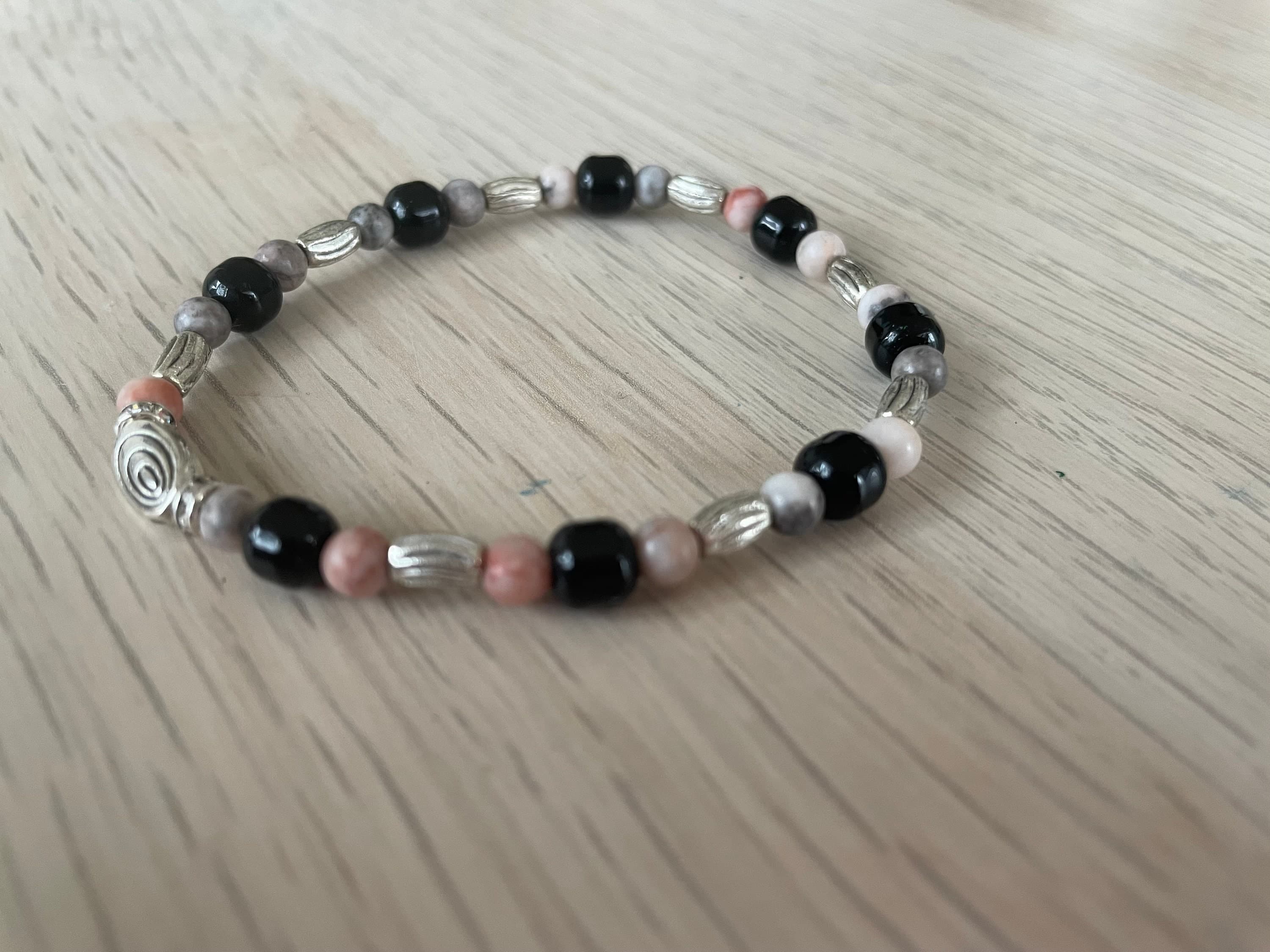 Pink Zebra Jasper and Black Glass Bead Bracelet - image 3