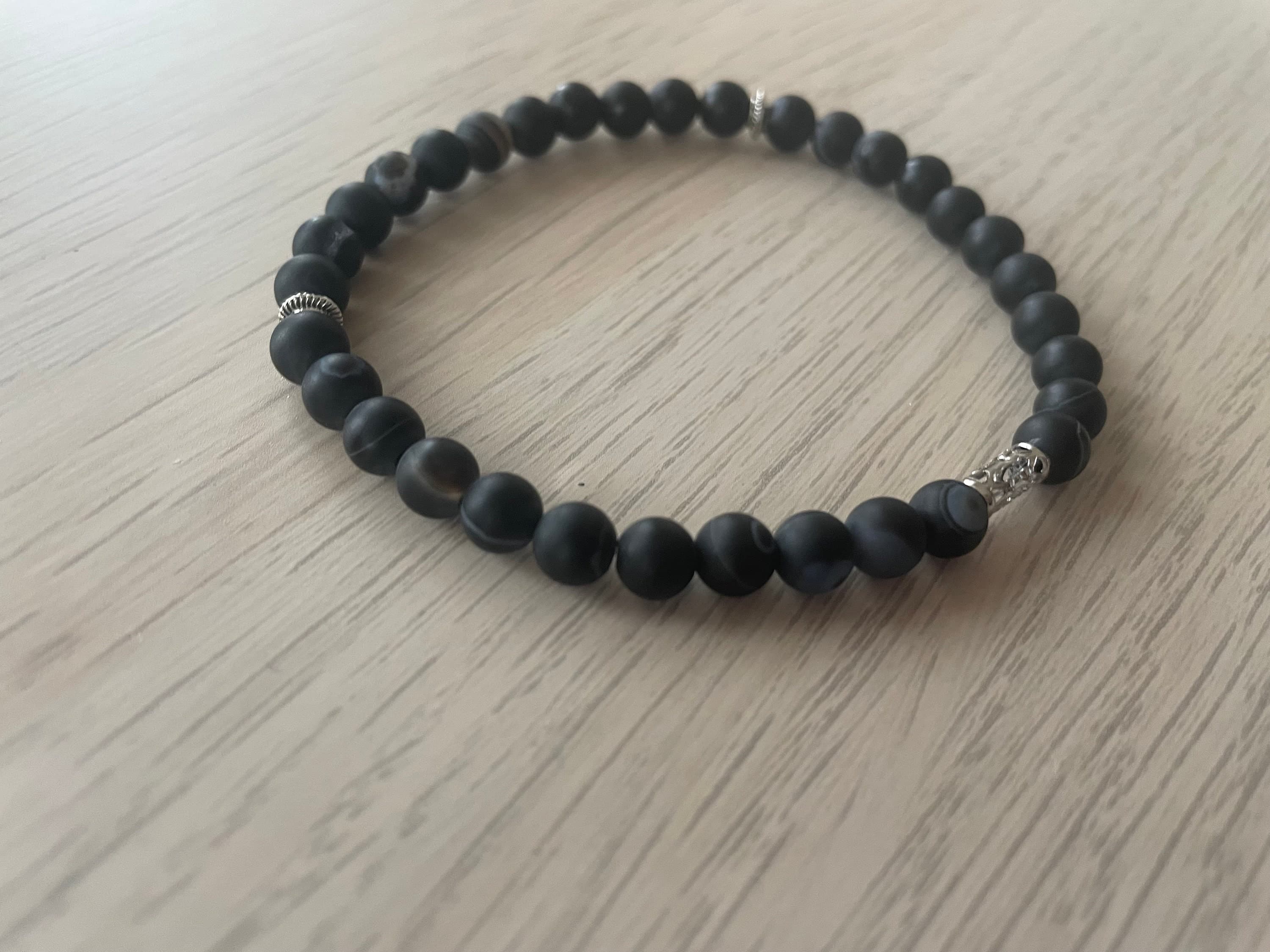 Matte Black Banded Agate Tasbih Bracelet (33 Beads)