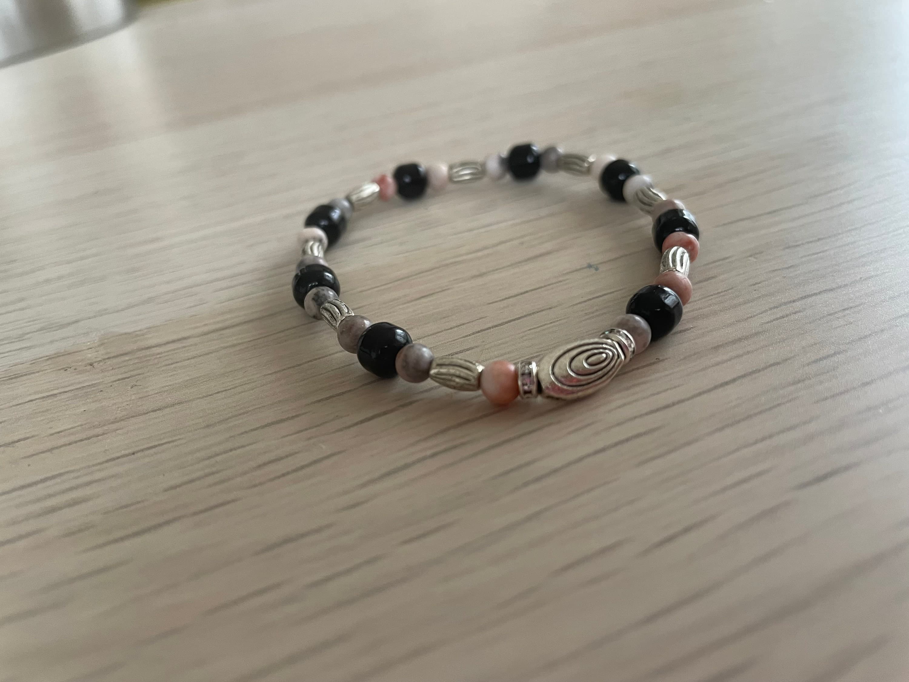 Pink Zebra Jasper and Black Glass Bead Bracelet - image 4