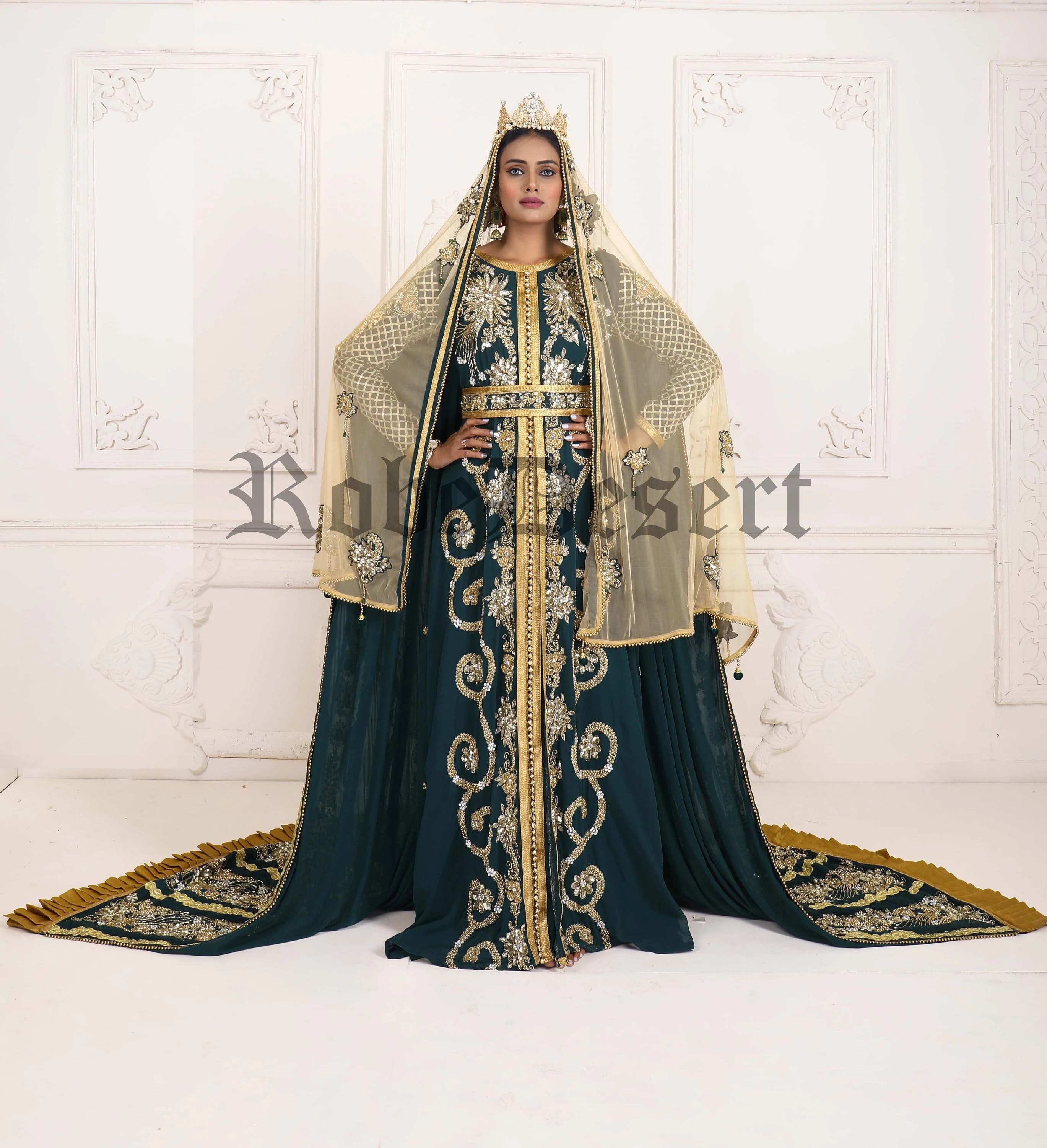 Hand Beaded Moroccan Kaftan: Bottle Green Wedding Takchita
