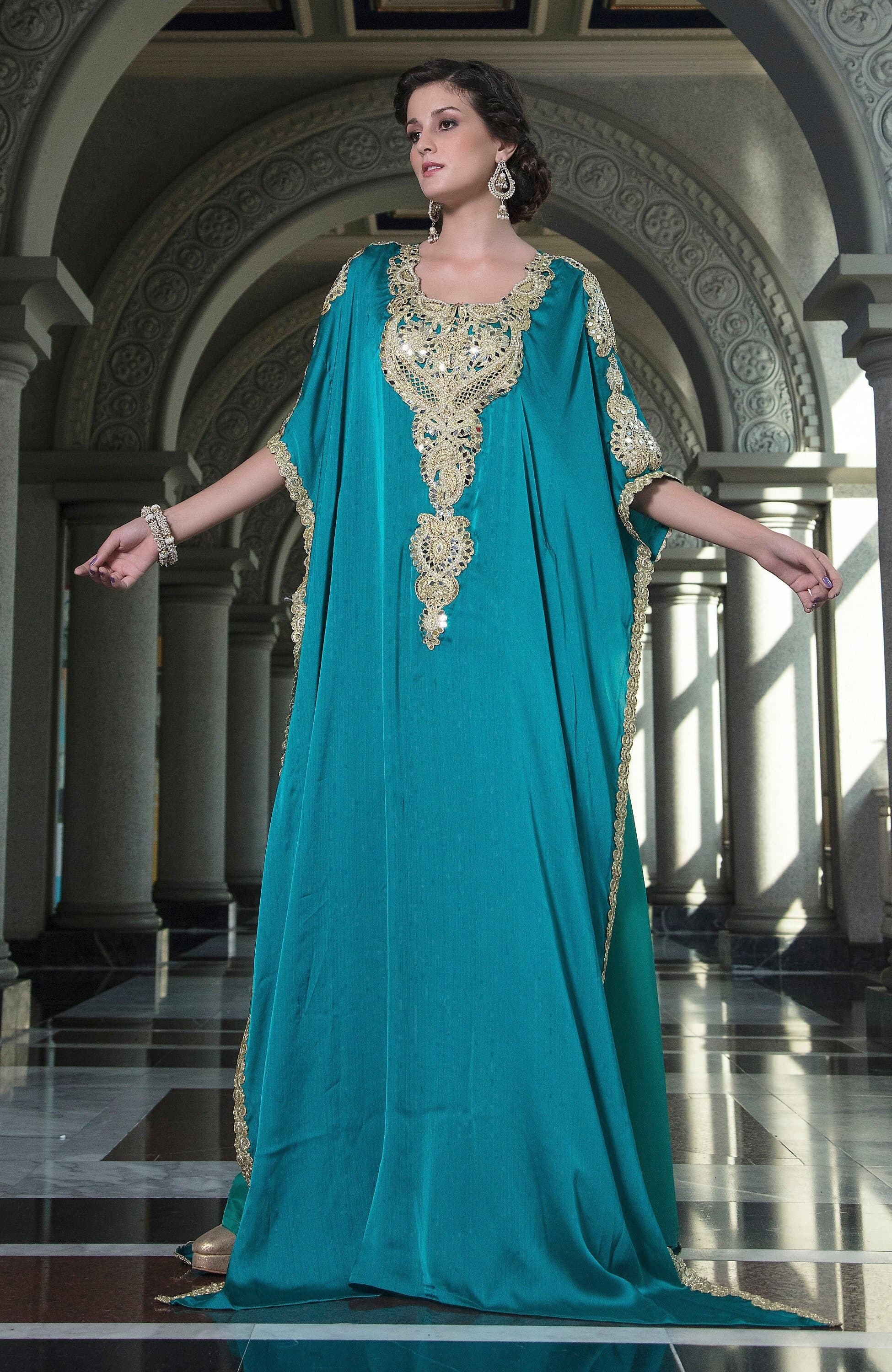 Embroidered Takchita Kaftan Gown: Dark Sea Green Arabic Maxi Dress with Hijab
