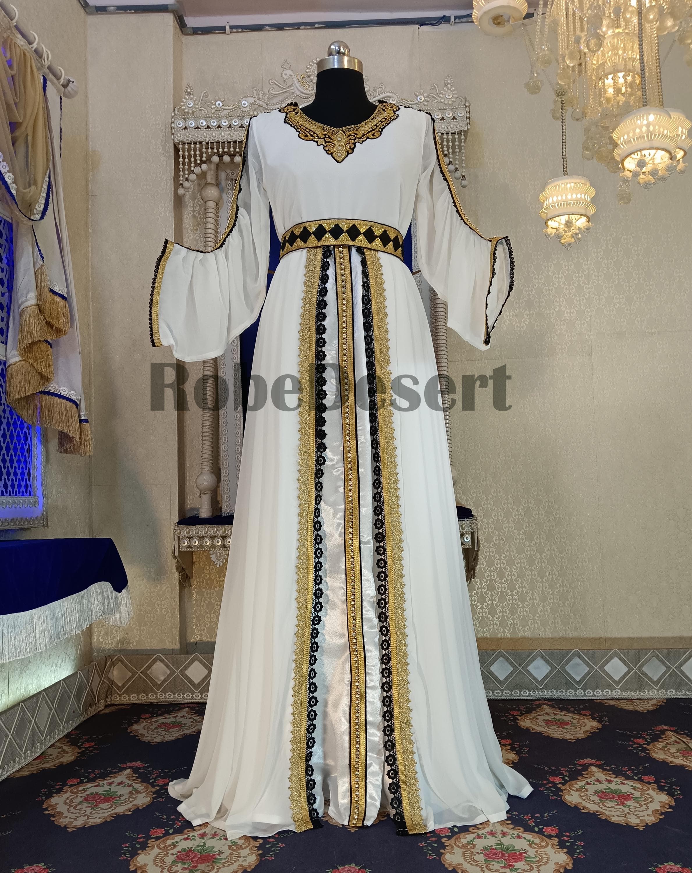 Embroidered Moroccan Kaftan: White Designer Maxi Takchita with Hijab - image 5